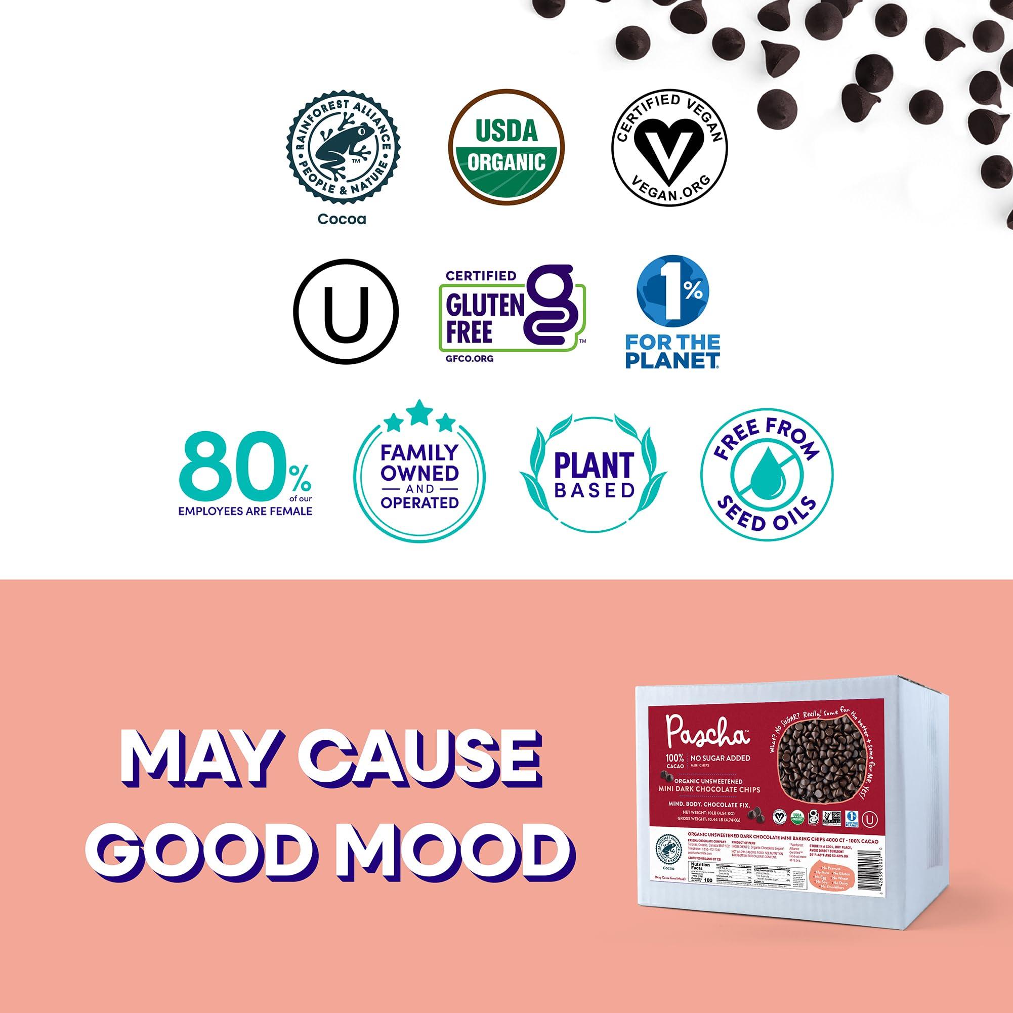 Pascha Pascha Organic Mini Unsweetened Dark Chocolate Baking Chips 100% Cacao, UTZ, Gluten Free, Non GMO, No Added Sugar, Bulk