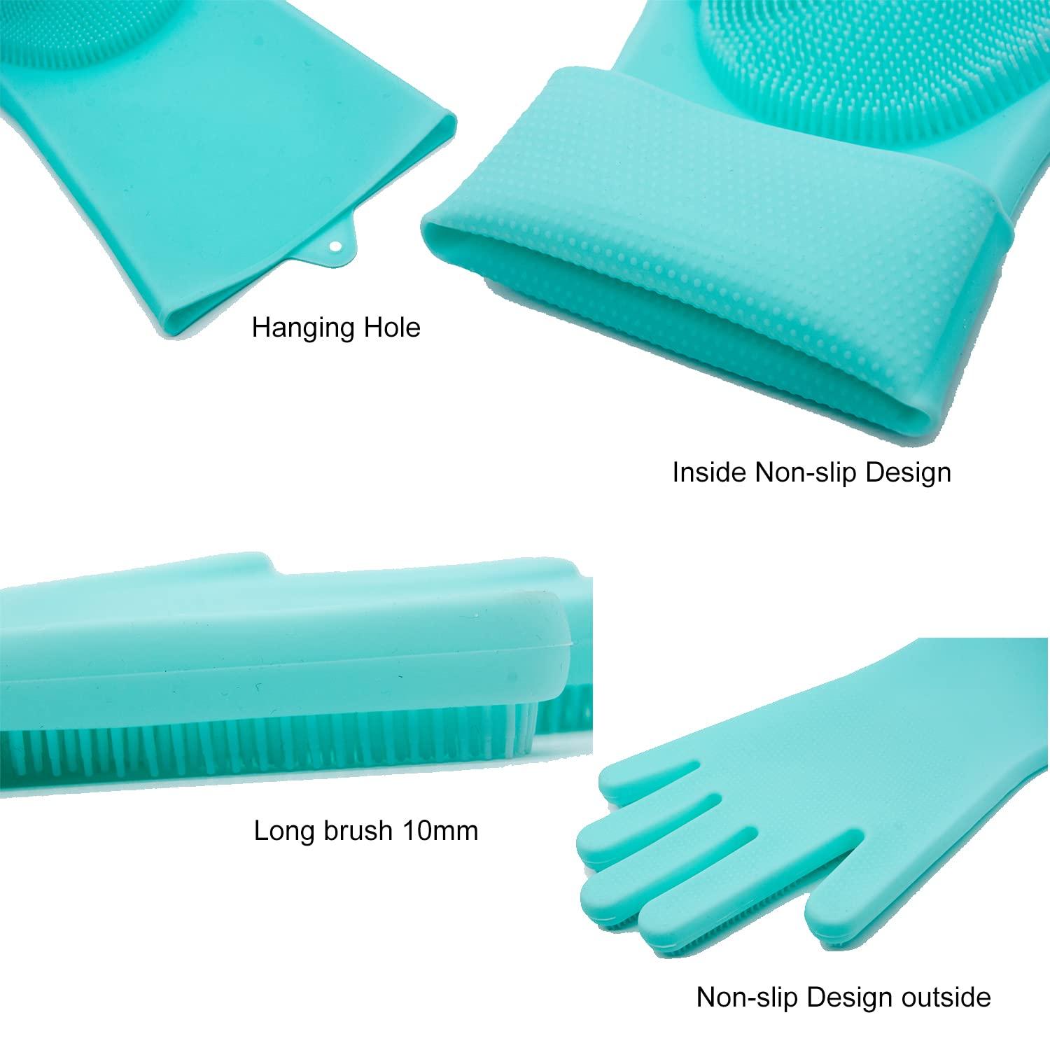 HealthyLifeUS HealthyLifeUS Silicone Dishwashing Gloves Reusable Non slip Heat Resistant for Kitchen Bathroom Car Wash Pet large 240g thick 1 Pair (Blue)