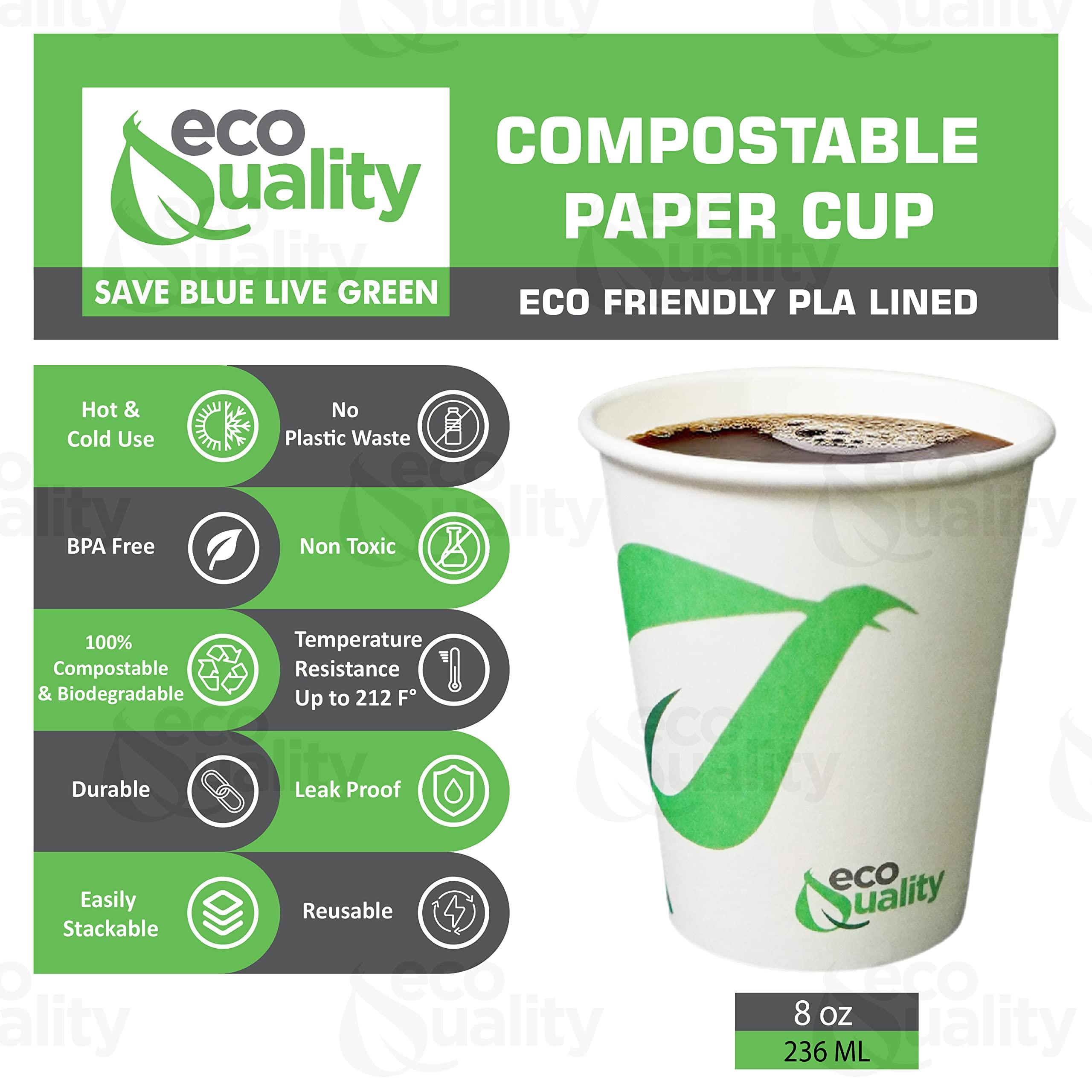 EcoQuality 8 oz Compostable Paper Cups - Biodegradable Disposable White Paper Coffee Cups PLA Lined - Eco-friendly Hot and Cold Drinking Cups for Travel, Picnic, Party and Events (300)
