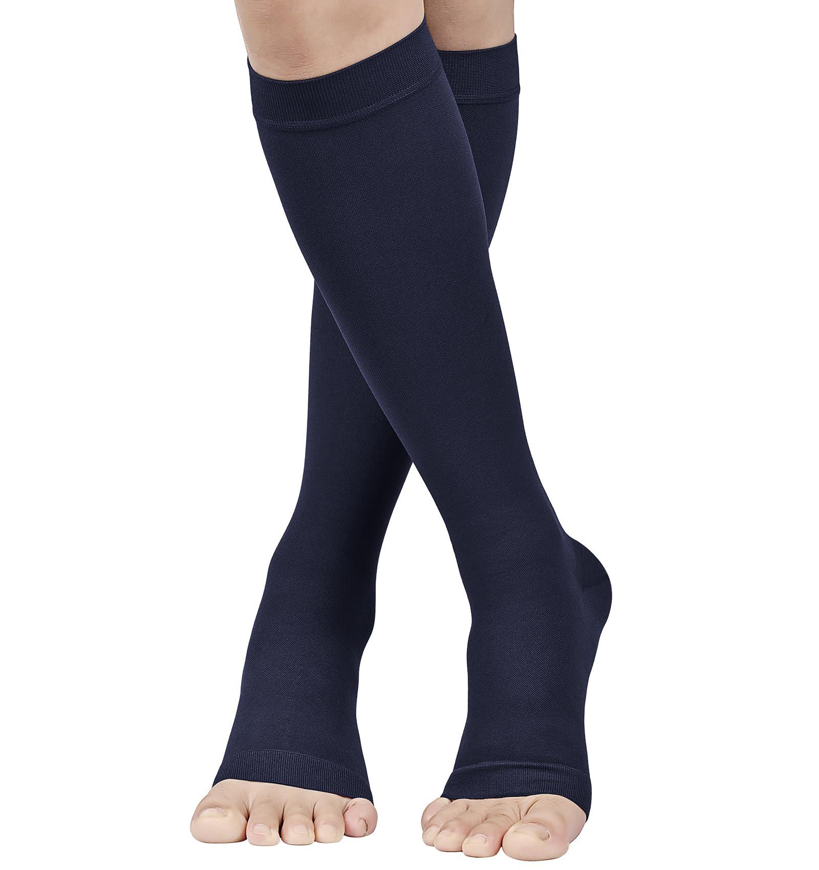MGANG MGANG 20-30 mmHg Compression Stocking for Men and Women, Medical Compression Socks, Knee High Length, Open Toe, for DVT, Varicose Veins, Relief Shin Splints, Edema, Navy Blue X-Large