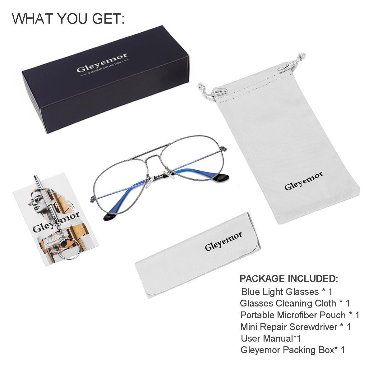 Gleyemor Classic Aviator Blue Light Glasses for Women Men, Metal Frame Clear Lens Eyeglasses (Gunmetal)