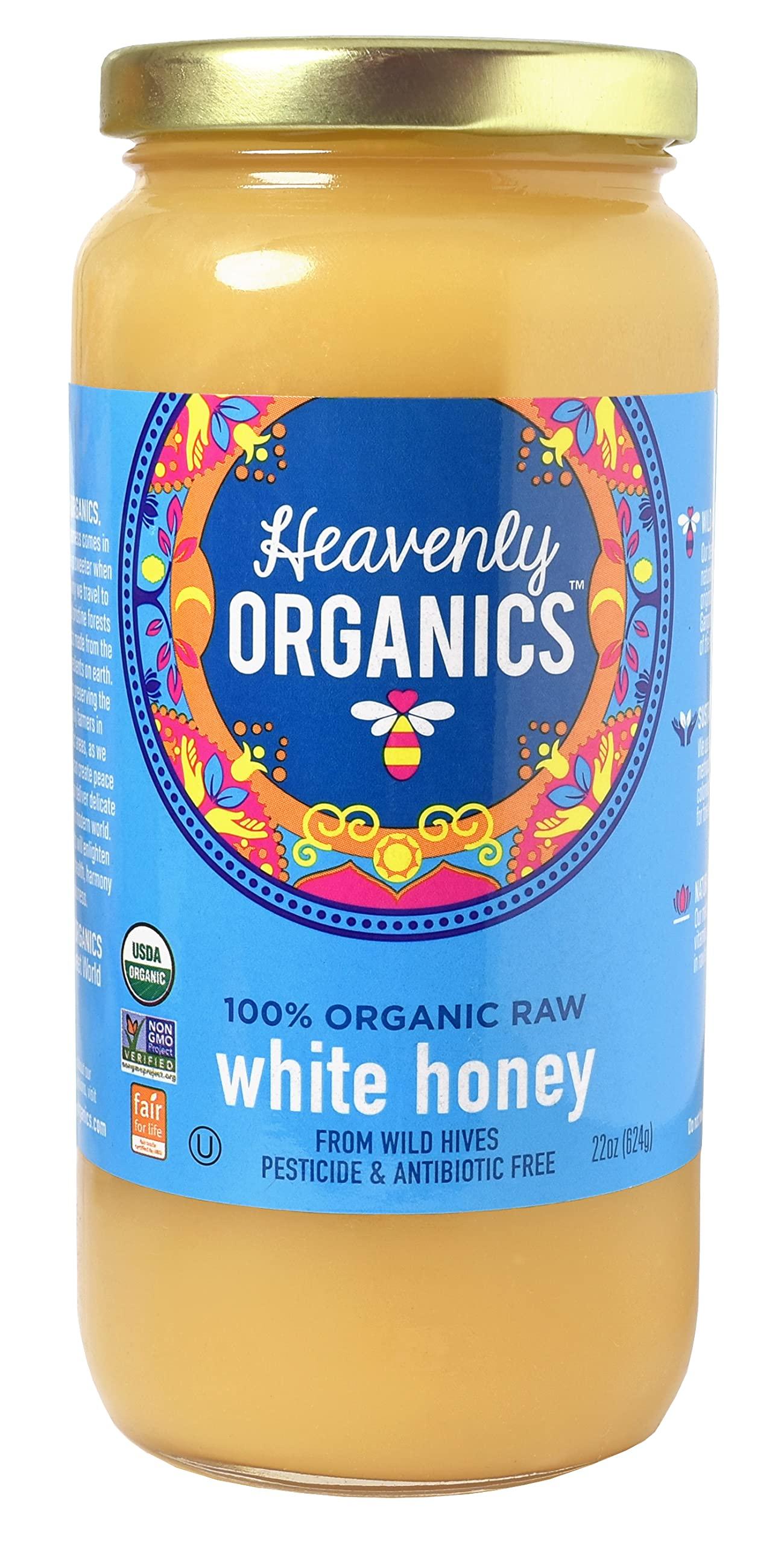 Heavenly Organics Heavenly Organics 100% Organic Raw White Honey 2 Pack - Size 22 OZ/Jar Lightly Filtered to Preserve Vitamins, Minerals and Enzymes; Made from Wild Beehives & Free Range Bees, Dairy, Nut, Gluten Free, Kosher, Chemical , Antibiotic and Glyphosate free