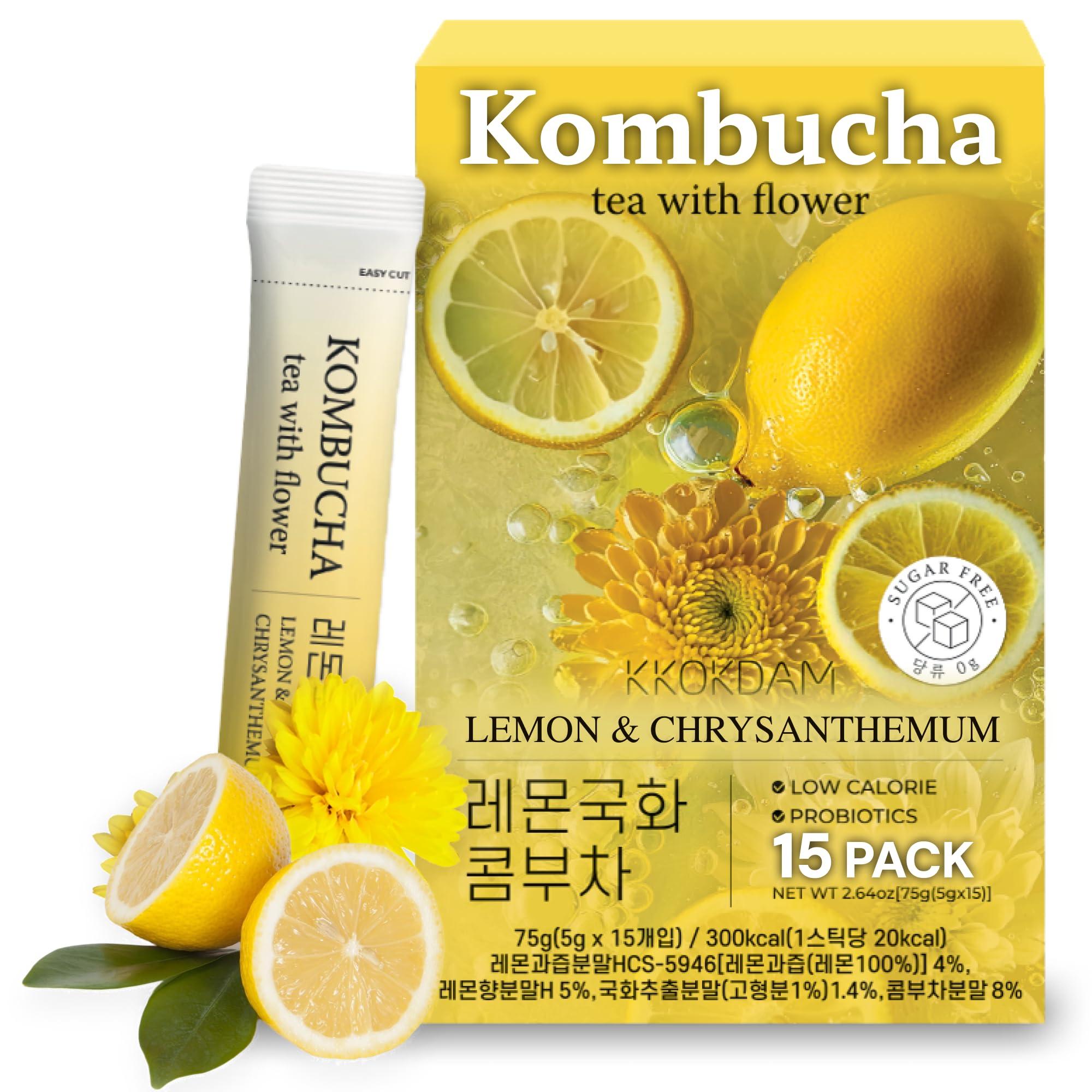 KKOKDAM KKOKDAM Kombucha Tea 15 Packs - Lemon & Chrysanthemum Korean Tea - Kombucha Drinks Probiotic Support, Low Calorie, Sugar Free Kombucha Pack - 15 Kombucha Drink