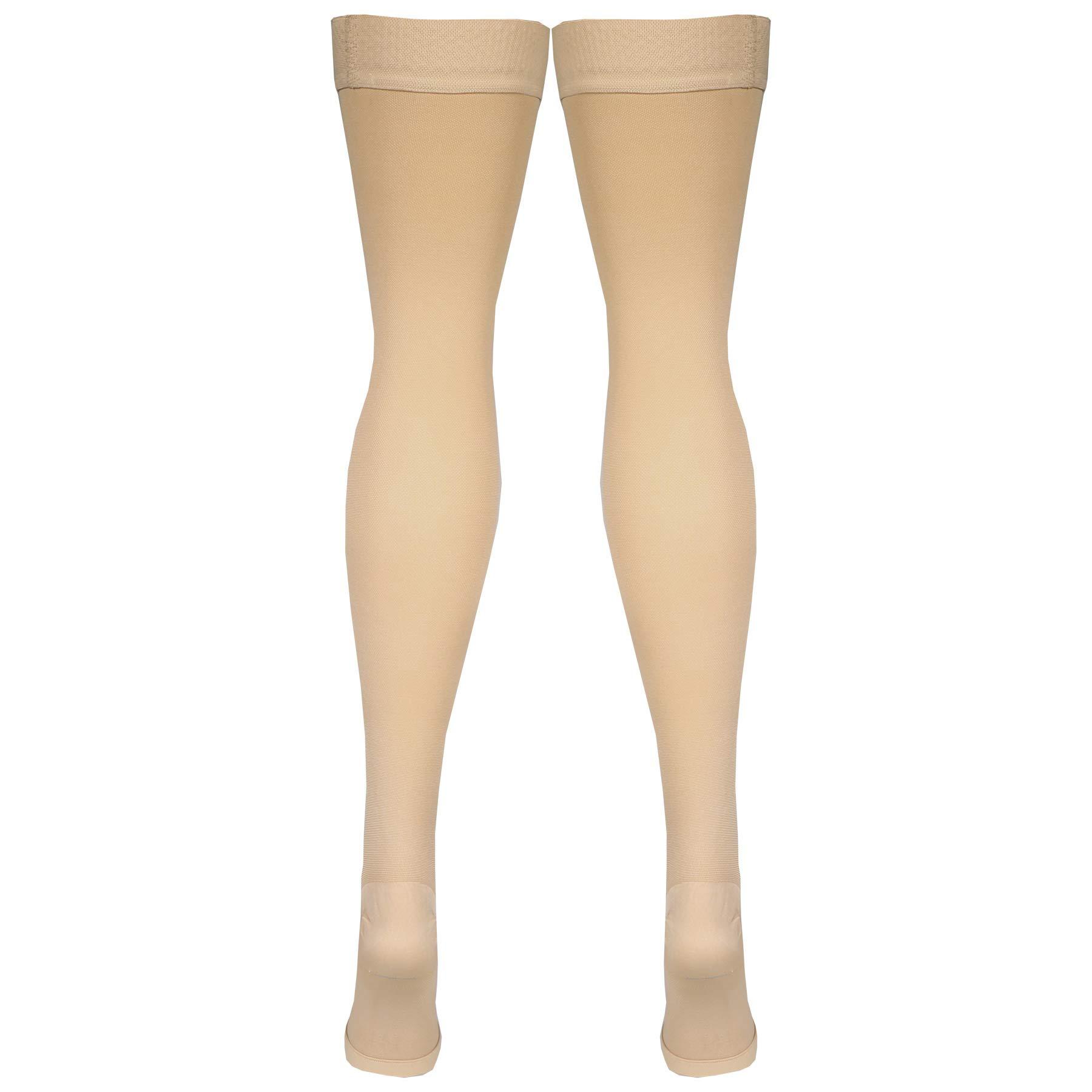 Amazon Basic Care Amazon Basic Care Medical Compression Stockings, 20-30 mmHg Support, Women & Men Thigh Length Hose, Open Toe, Beige, Large (Previously NuVein)