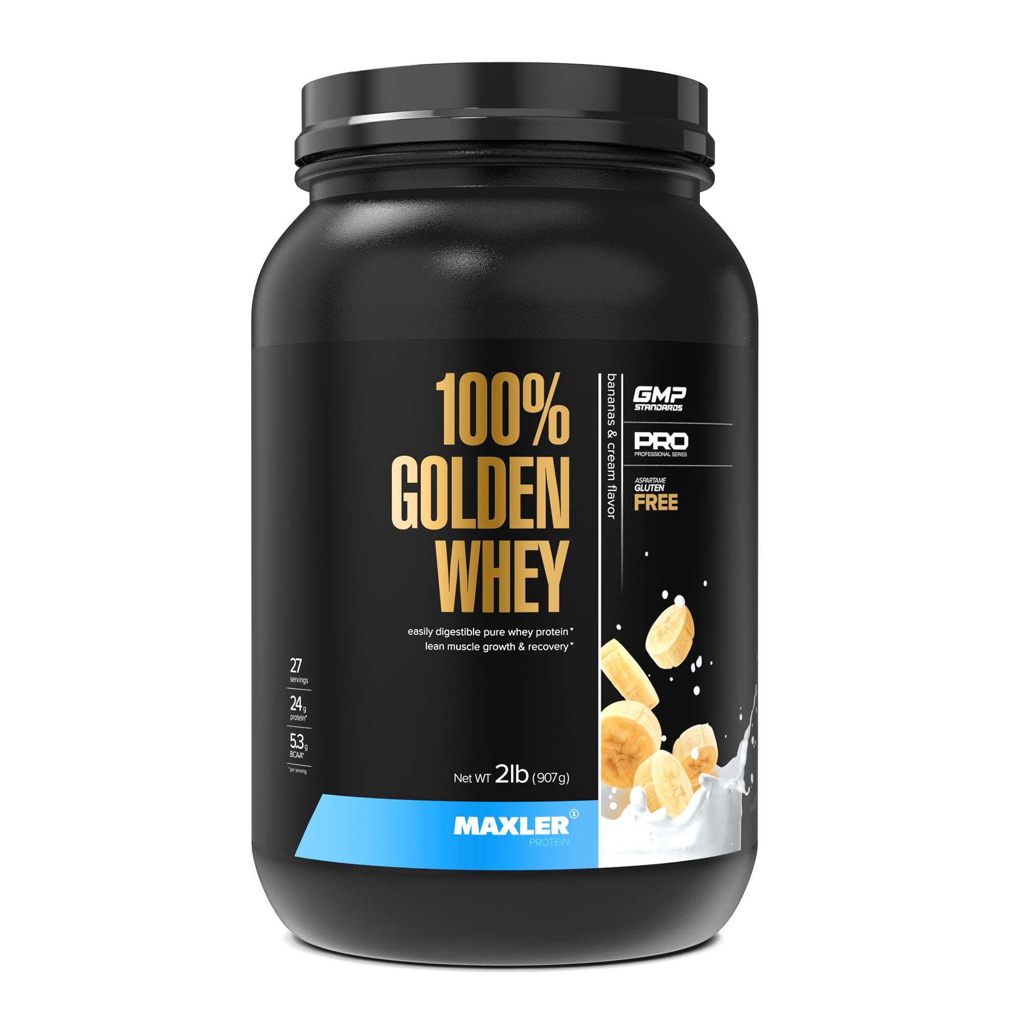 Maxler Maxler 100% Golden Whey Protein - 24g of Protein per Serving - Premium Whey Protein Powder for Pre Post Workout - Fast-Absorbing Whey Concentrate, Isolate & Hydrolysate Blend - Bananas & Cream 2 lb