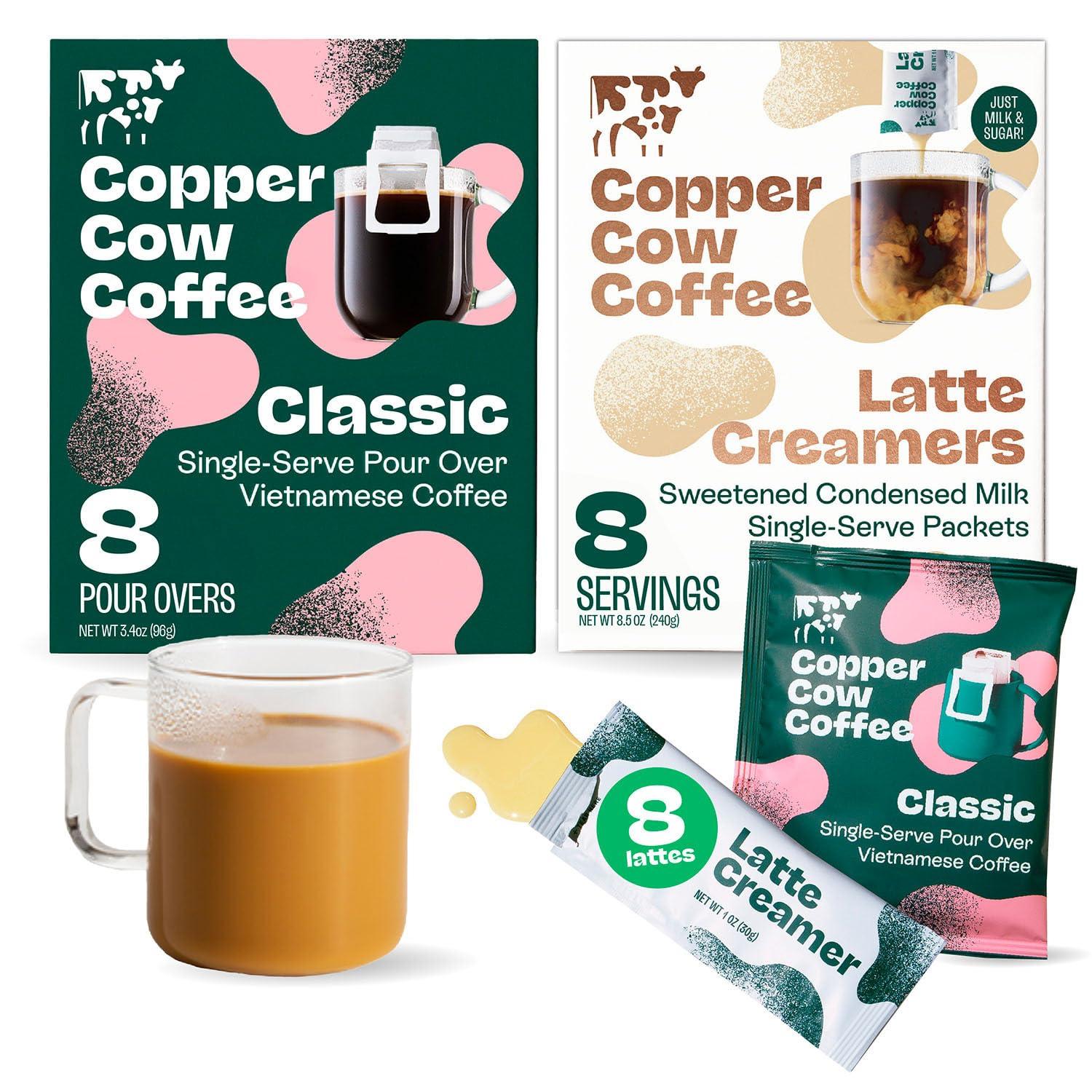Copper Cow Coffee Copper Cow Premium Pour Over Single-Serve Vietnamese Coffee | Classic Black Lattes | Includes 8 Coffees & 8 Milk Creamers