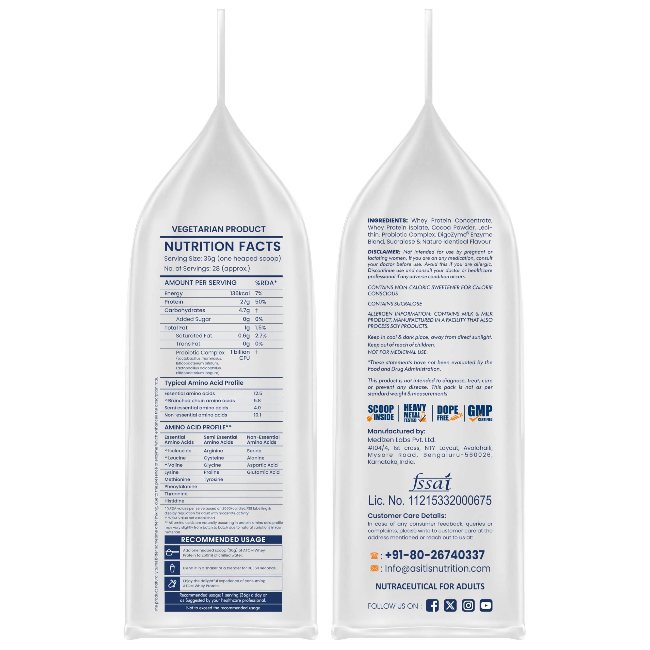 Asitis Nutrition Asitis Nutrition AS-IT-is Atom Whey Protein 1kg/35.2 Oz with Digestive Enzymes | USA Labdoor Certified for Accuracy & Purity | Double Rich Chocolate Flavor | 27g Protein | 5.7g Bcaa