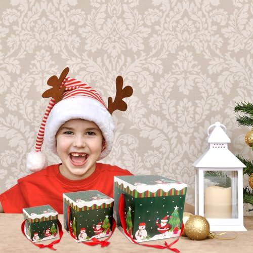 JOYWU JOYWU Christmas Stackable Gift Boxes Set with Lids and Red Rope,3 Pcs Xmas Nesting Box for Gift Wrapping,Square Santa Snowman Xmas Tree Stacking Small Gift Boxes,Christmas Decorative Boxes (Green)