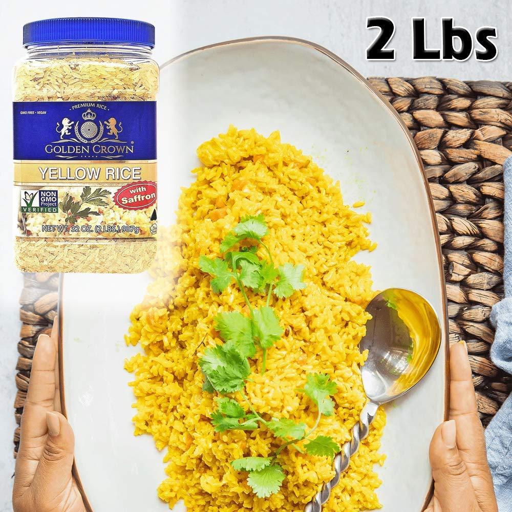 Golden Golden Crown Premium Saffron Yellow Rice, Healthy and Nutritious Non-GMO Verified, Naturally Aged Low in Fat 100% Authentic Halal Long Grains - 32 oz (2LB)