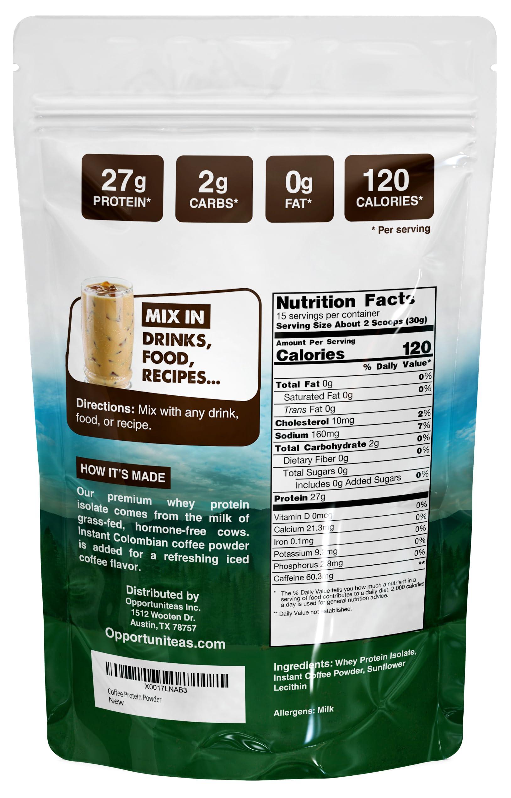 Opportuniteas Coffee Whey Protein Powder - Low Carb & Keto Friendly - Grass Fed Whey Isolate + Colombian Coffee - 60 mg Caffeine for Energy - Pre or Post Workout Drink Mix, Latte, Shake & Smoothie - 1 Pound