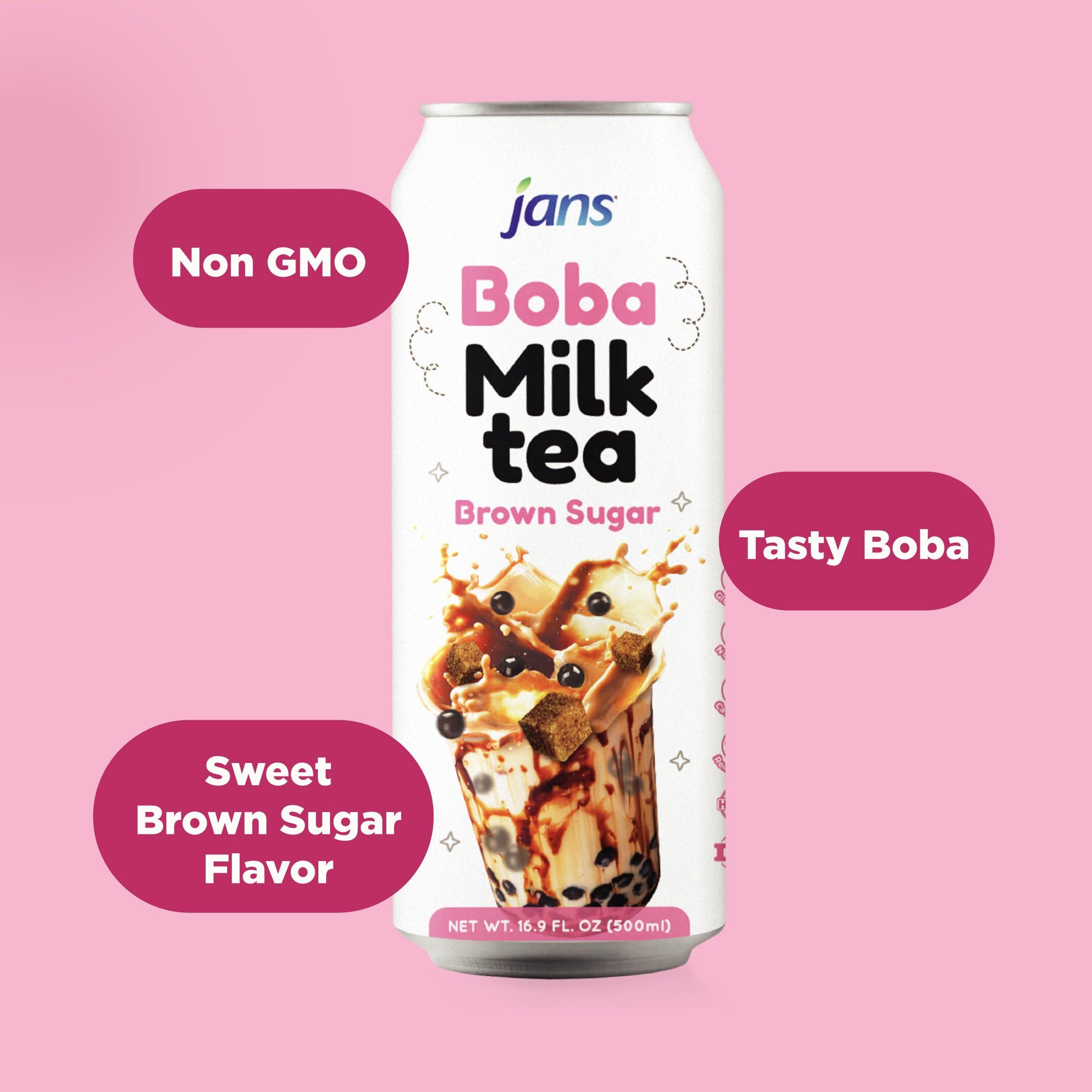 Jans Jans Boba Milk Tea Brown Sugar Flavor, Thick Sweet and Creamy Milk tea beverages with tapioca bubble boba, milky boba taiwanese tea 16.9 fl oz per can (Pack of 1)