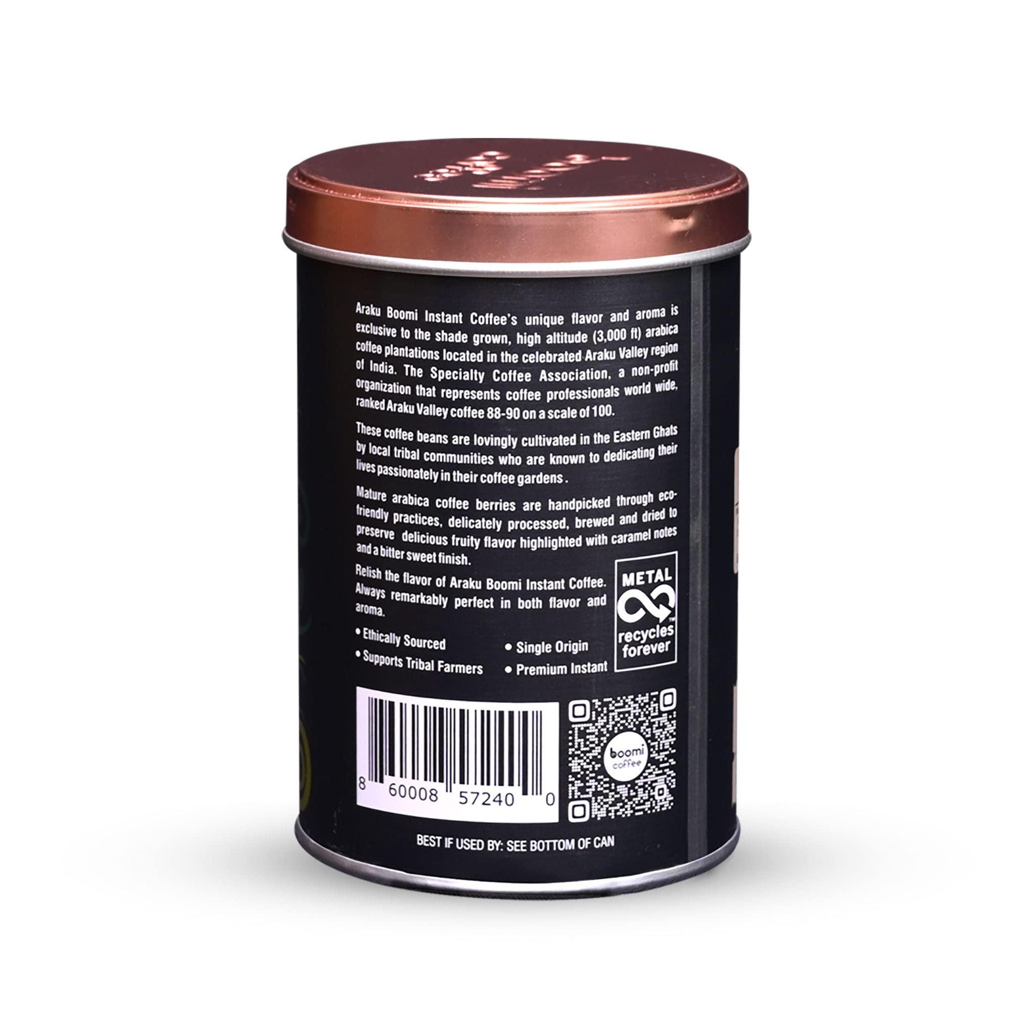 BOOMI INSTANT COFFEE Araku Boomi Premium Single Origin Instant Coffee Powder, Medium Roast, Made from 100% Arabica Beans from Araku Valley | Best Mold Free Instant Coffee | 3.5 Ounce Tin (1 Pack) (Up to 50 Cups)