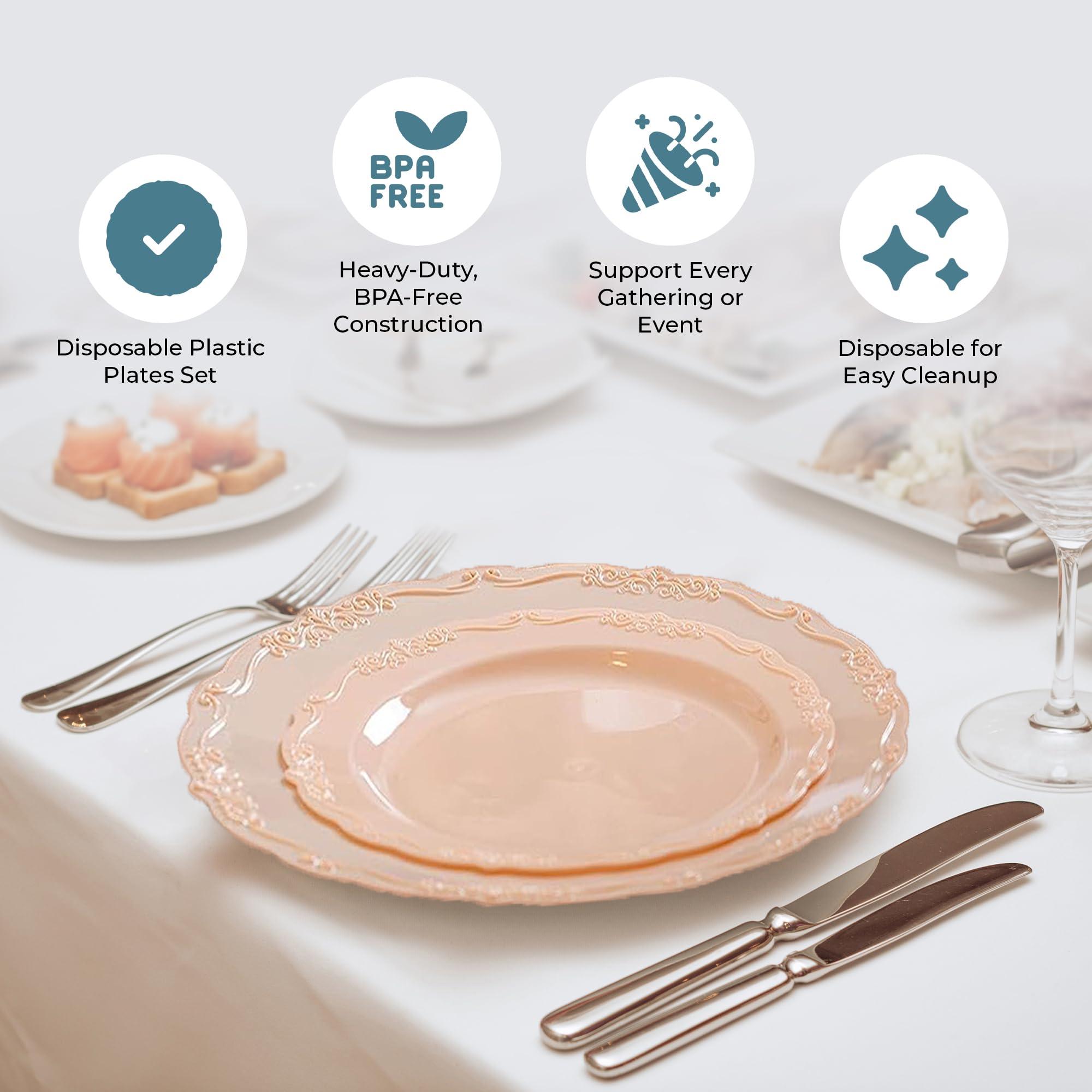 Posh Setting Posh Setting Disposable Plastic Plates Set - Heavy Duty Vintage Plastic Plates, 60 Pack Vintage Disposable Dinnerware Sets with 30 Appetizer Plates & 30 Plastic Dinner Plates for Wedding, Pink/Blush