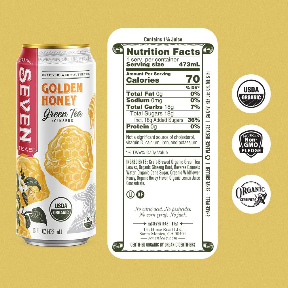 SevenTeas SevenTeas Golden Honey Green Tea, 16 OZ (Pack of 12 Cans), Lightly Sweetened Organic Iced Tea