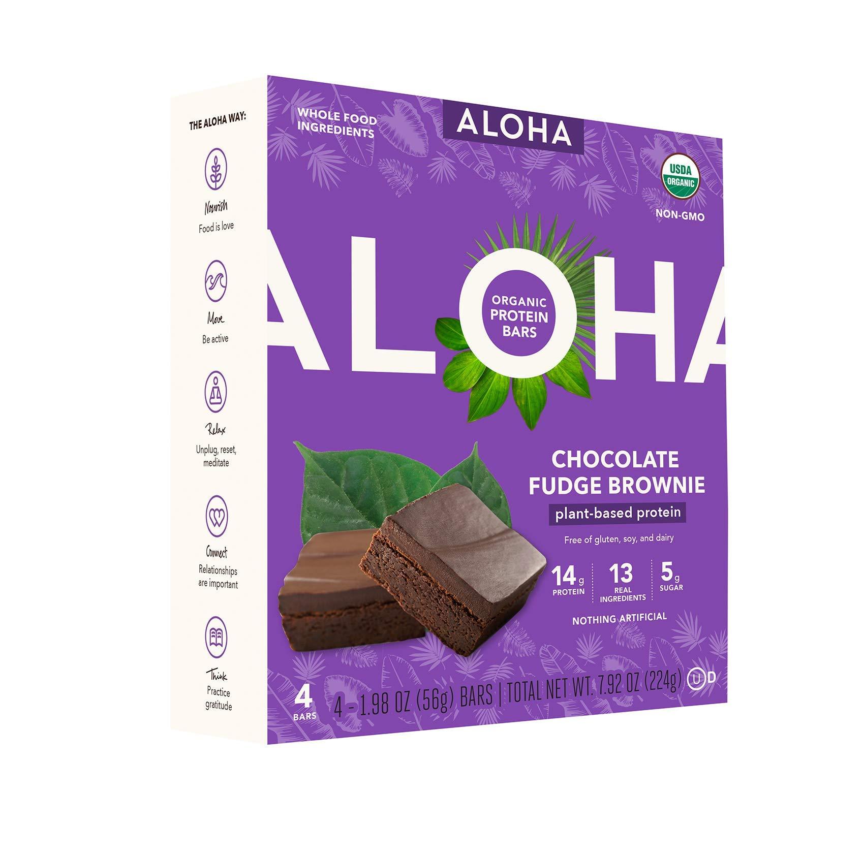 ALOHA ALOHA Organic Plant Based Protein Bars 4-Pack - Chocolate Fudge Brownie - 1.98oz Bars - Vegan, Low Sugar, Gluten-Free, Paleo, Low Carb, Non-GMO, Stevia-Free, Soy-Free, No-Erythritol