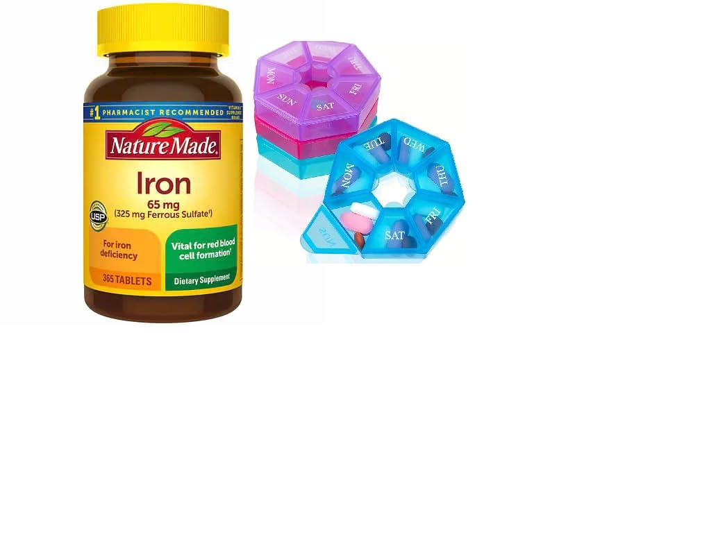 Textila Nature Made Iron 65 mg (325 mg Ferrous Sulfate) Tablets, Dietary Supplement for Red Blood Cell Support, 365 Tablets, 365 Day Supply Bunde with Weekly Pill Organizer