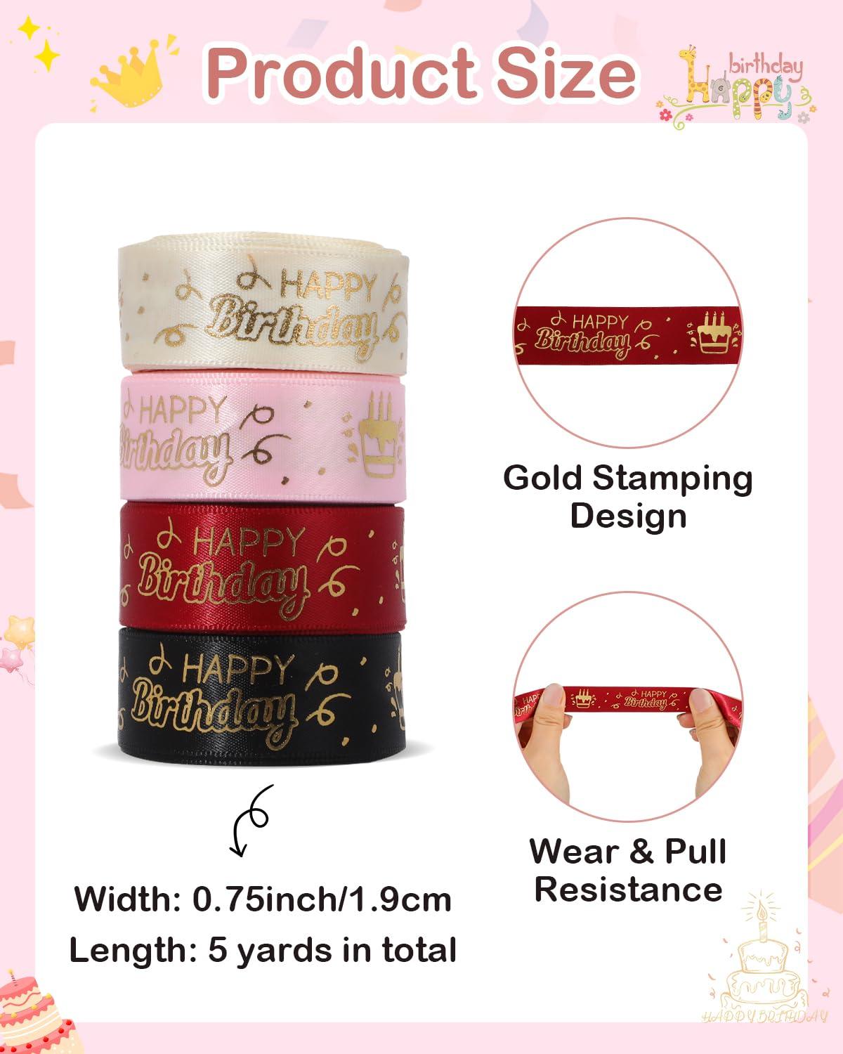 Pineraap Pineraap 4 Rolls 20 Yards Happy Birthday Ribbon, 0.75 Inch Birthday Ribbon for Flower Bouquet, Gift Wrapping, Birthday Party Decoration