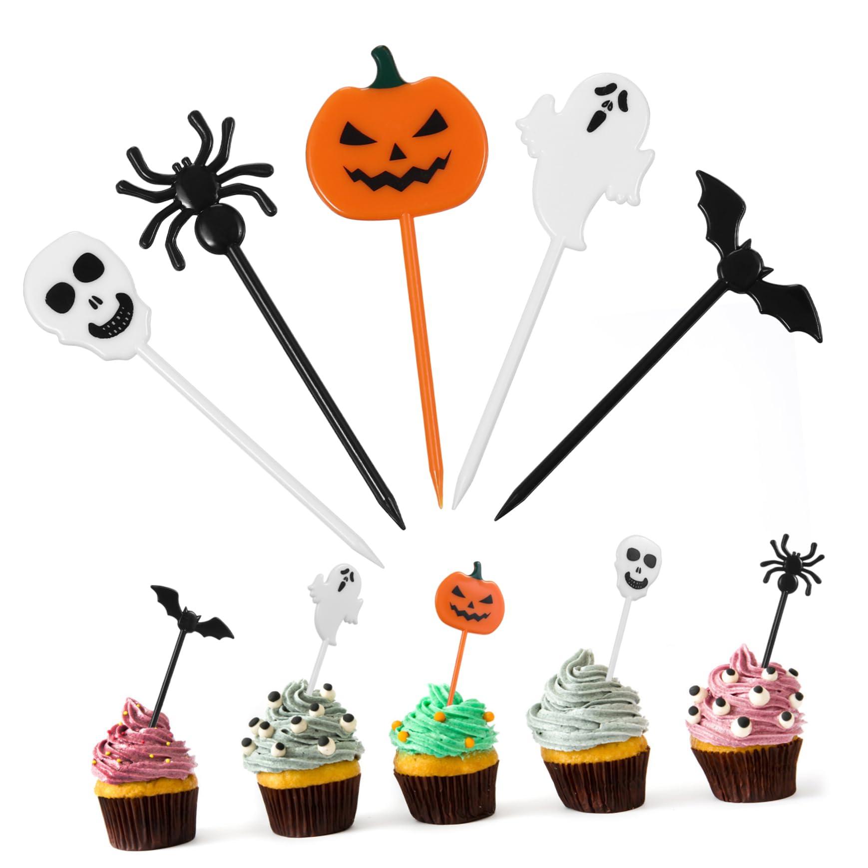 UPKOCH 54 Pcs Halloween Cake Fruit Pick Fruit Fork Cake Toppers Cupcake Flag Halloween Dessert Flag Halloween Cake Flag Cake Topper Decor Pumpkin Dessert Topper Creative Dessert Toppers