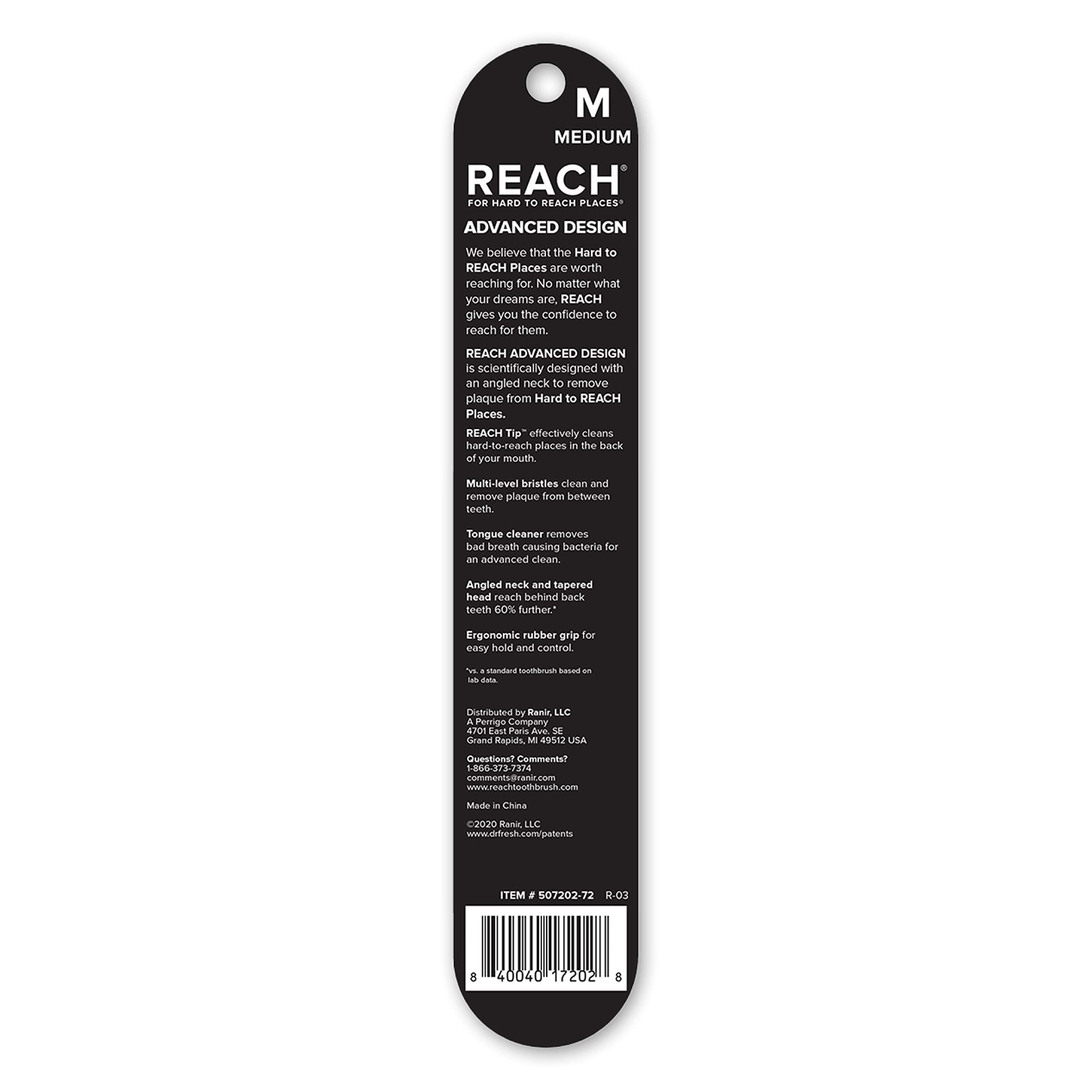 REACH REACH Advanced Design Toothbrush with Toothbrush Cap, Angled Neck, Medium Bi-Level Bristles, Contoured Handle, Tongue Scraper