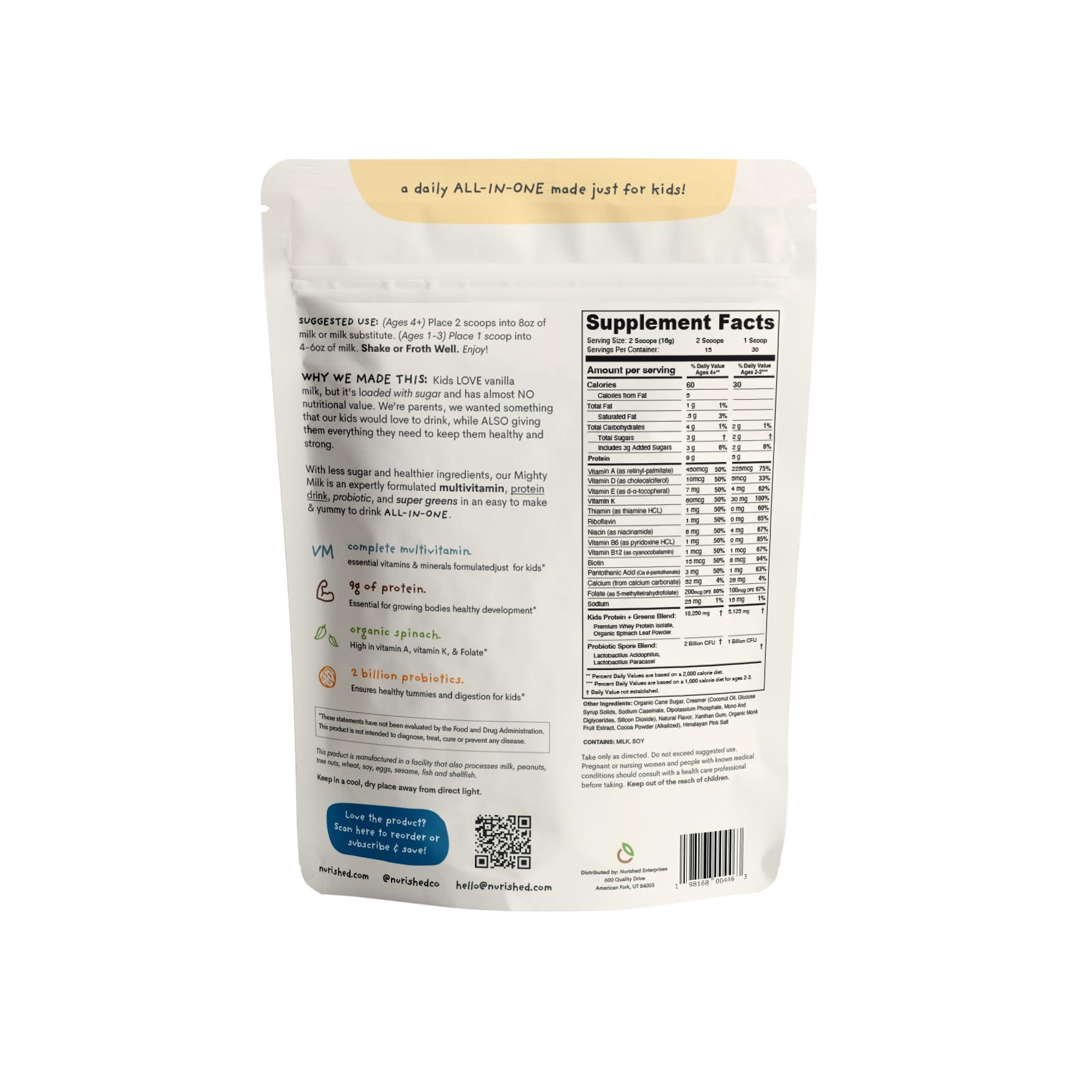 Nurished Nurished Vanilla Mighty Milk - Kids All-in-One Daily Protein Powder & Multivitamin Boosted with 2 Billion Probiotics & Organic Spinach - Natural Flavors, Colors & Sweeteners - 15-30 Servings