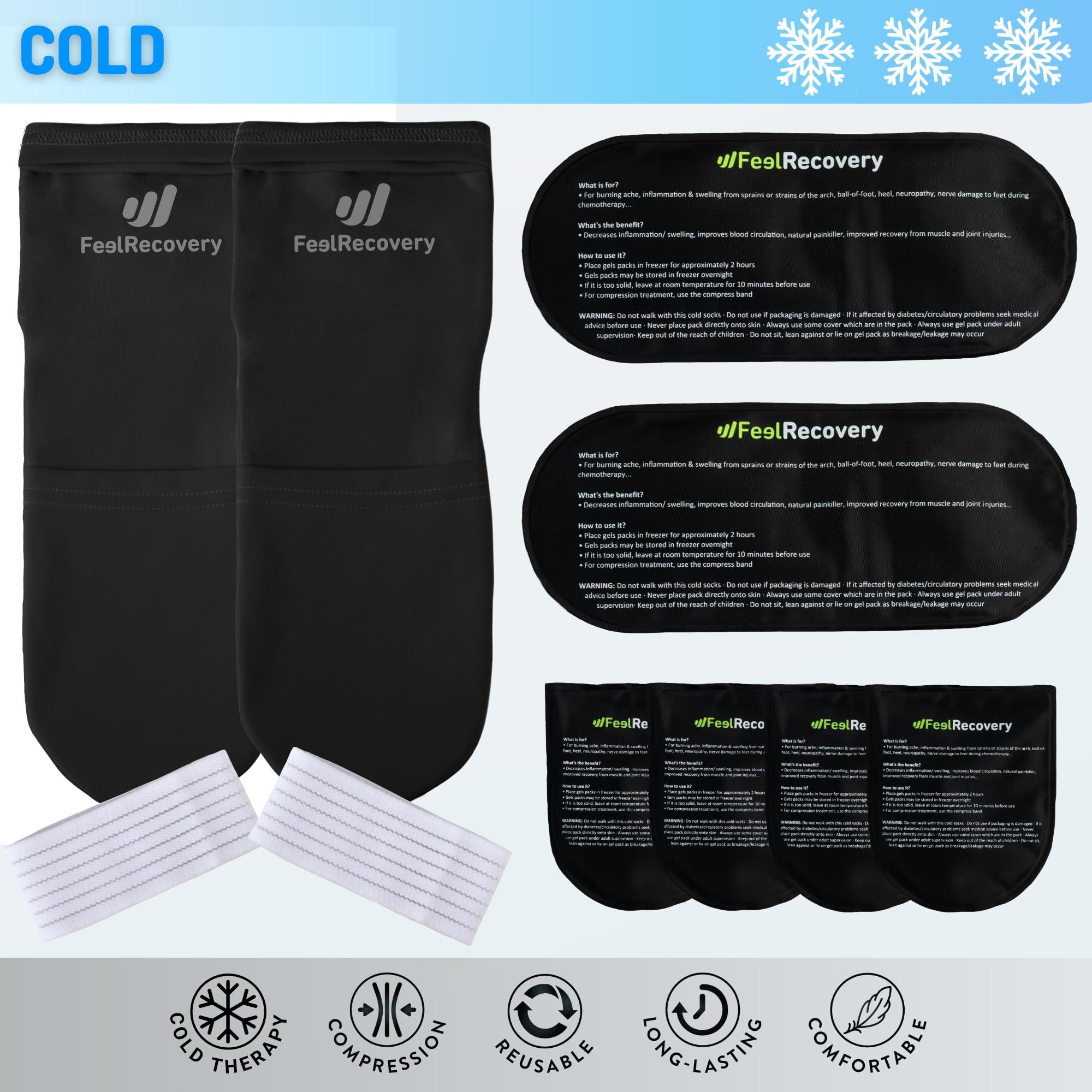 Feel Recovery Ice Pack Socks for Feet Coolers - Reusable Hot&Cold Therapy Socks w/Compression Straps - Cold Gel Pack for Neuropathy, Foot Pain, Plantar Fasciitis & Sprains (Black, L/XL)