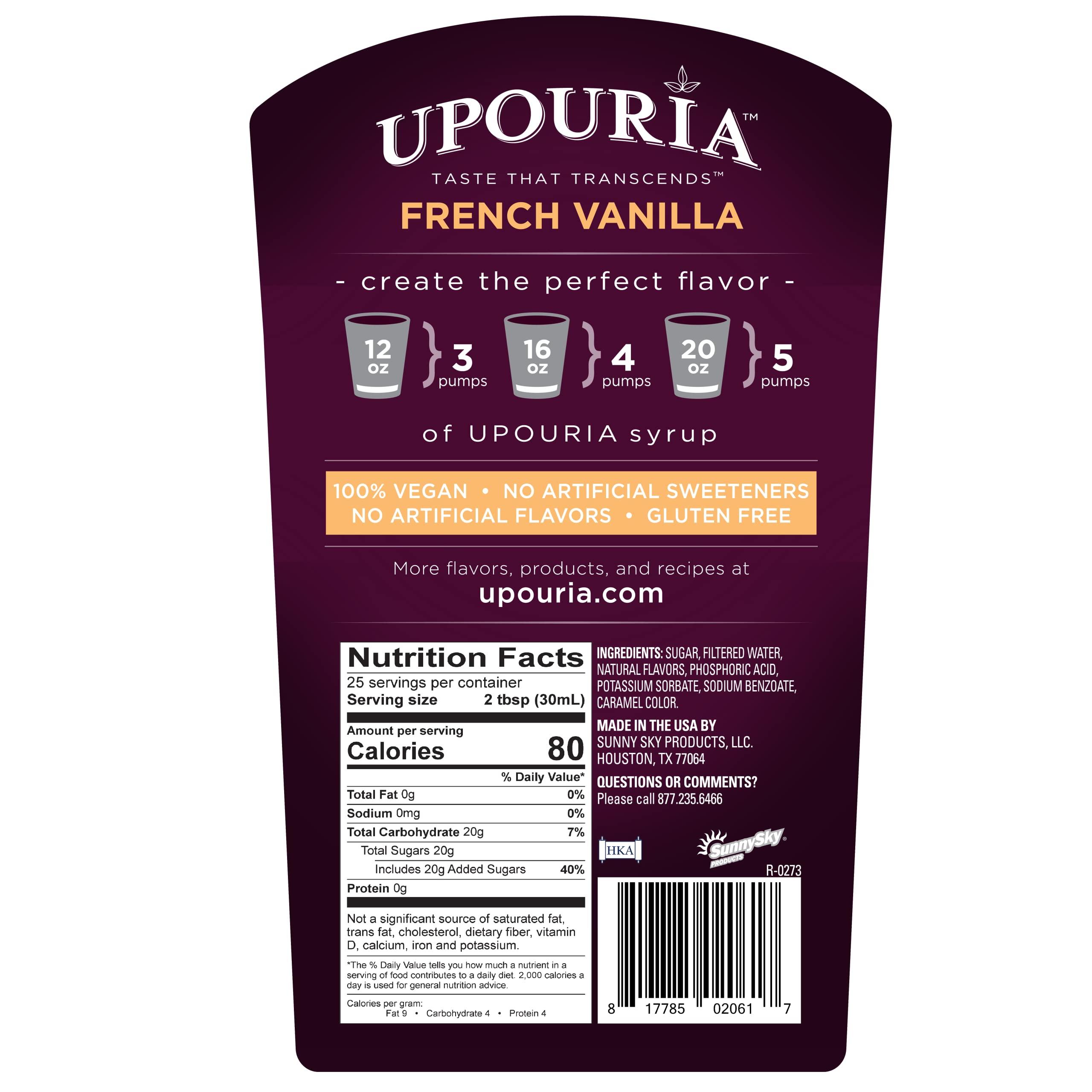 Sunny Sky Upouria Coffee & Tea Flavoring Syrup Variety Pack, French Vanilla, Mocha, Hazelnut, Caramel, 100% Vegan, Gluten Free, Kosher, 750 mL Bottle (Pack of 4)