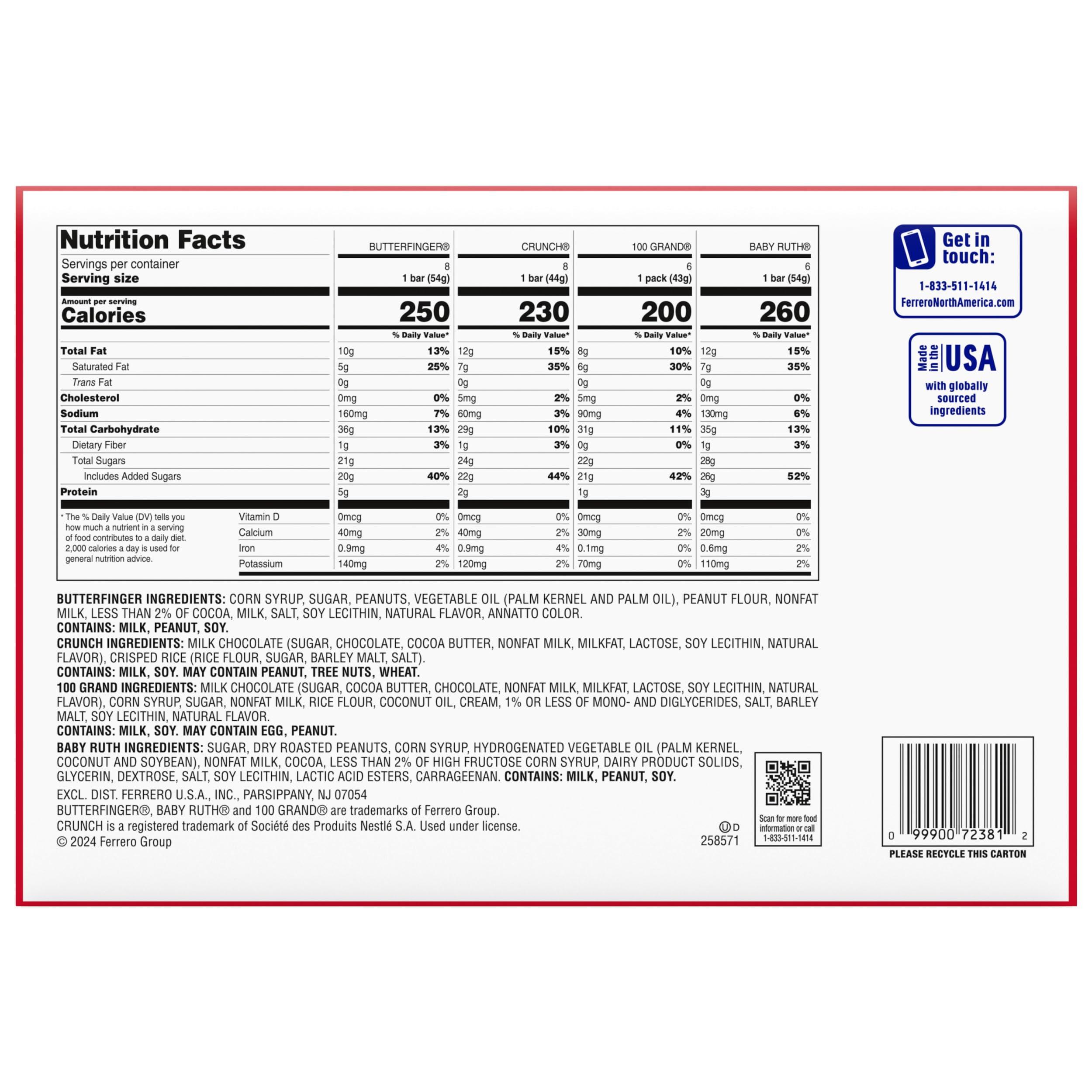 Butterfinger Butterfinger, CRUNCH, Baby Ruth and 100 Grand, Bulk 28 Pack, Assorted Full Size Chocolate Candy Bars, Stocking Stuffers, 48 oz