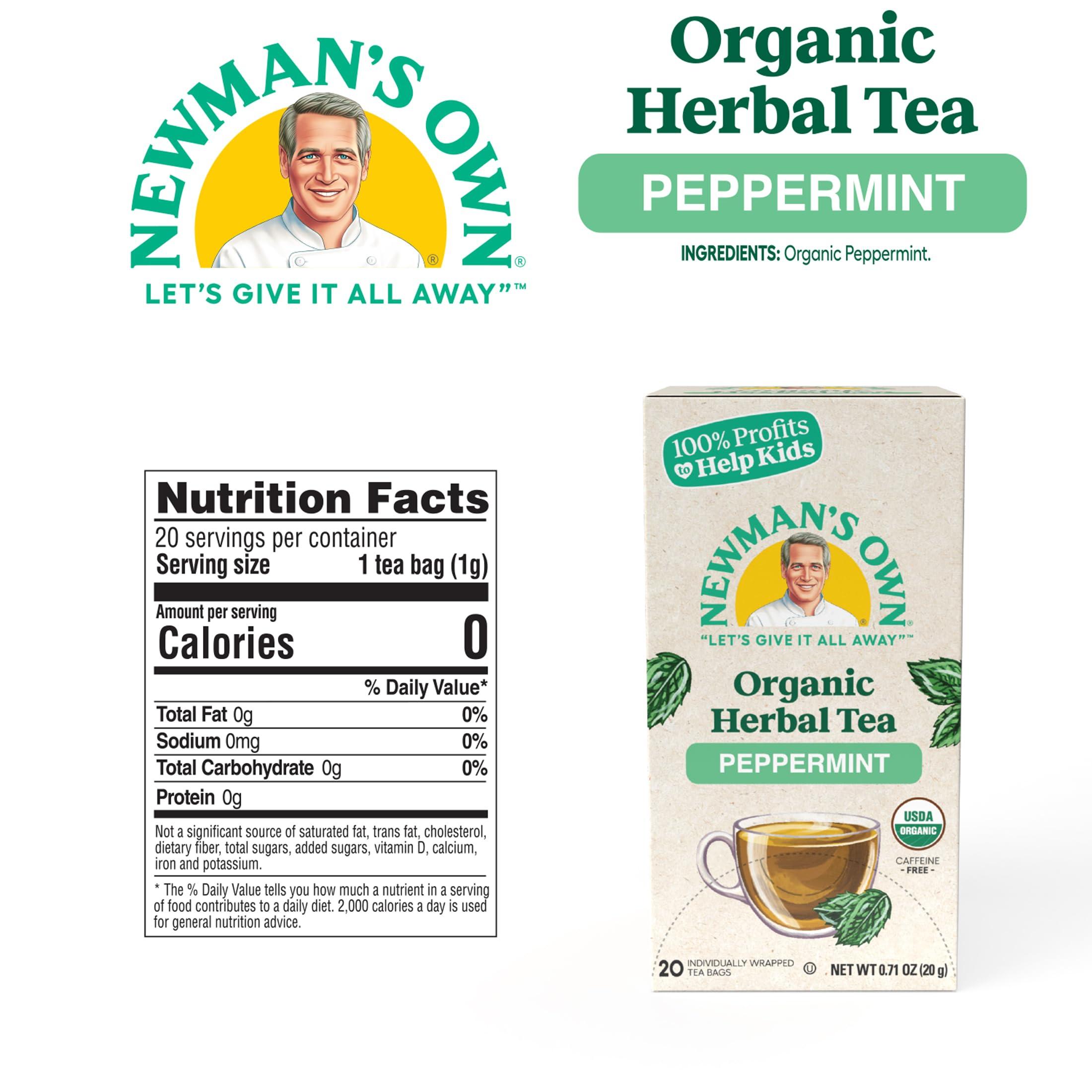 Newman's Own Newman\'s Own Organic Peppermint Tea Caffeine Free Refreshing Mint Herbal That May Aid Digestion with 20 Individually Wrapped Bags Per Box (Pack of 2) USDA Certified 40 Count