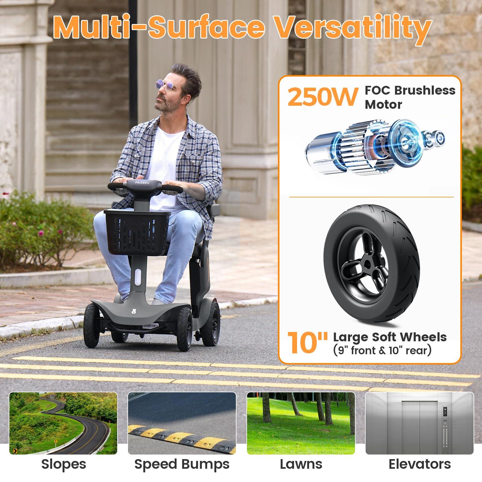 PAISEEC Paiseec S3 Foldable Mobility Scooter for Adults, Seniors - 25 Miles Range, 6 mph, Lightweight Mobility Scooter for Travel, Improved Safety, Large Wheels for Outdoor, LED Headlight, Basket