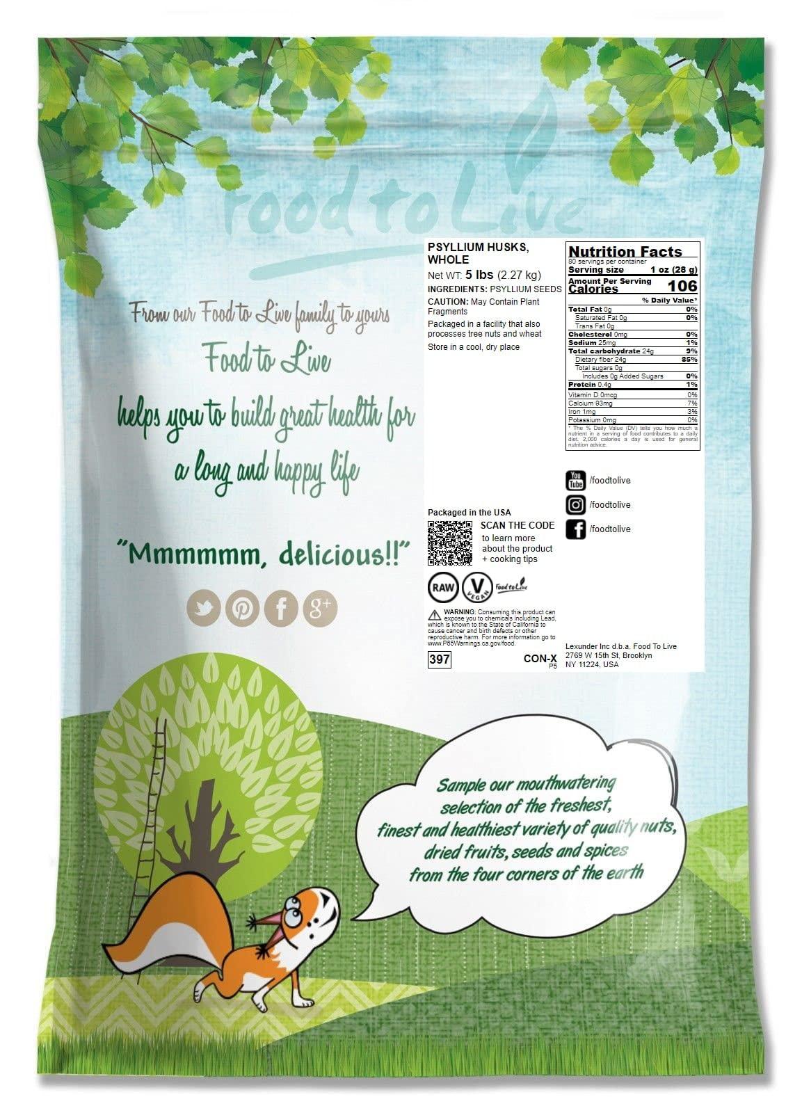 Food to Live Whole Psyllium Husks, 5 Pounds - Pure Psyllium Husk Flakes, Unflavored, Keto, Vegan, Bulk. Great Source of Soluble, Insoluble Fiber. Goes Great with Water, Smoothies, Juice. Natural Food Thickener