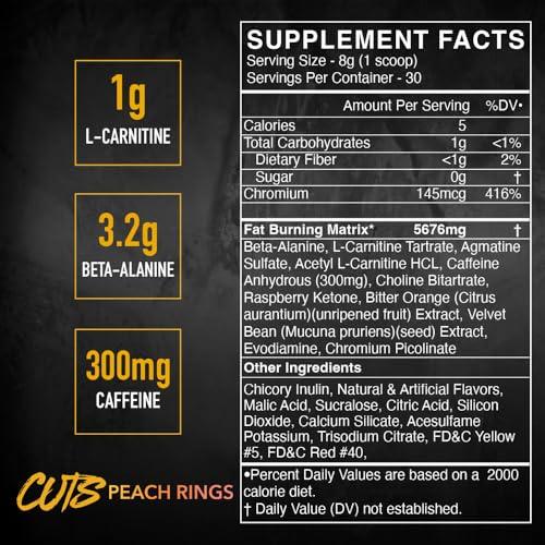 BLACKMARKET BLACKMARKET CUTS Pre Workout - Flavored Energy Powdered Drink Mix for Men & Women, Great for Muscle Definition, Thermogenic, Creatine Free, (Peach Ring, 30 Servings)