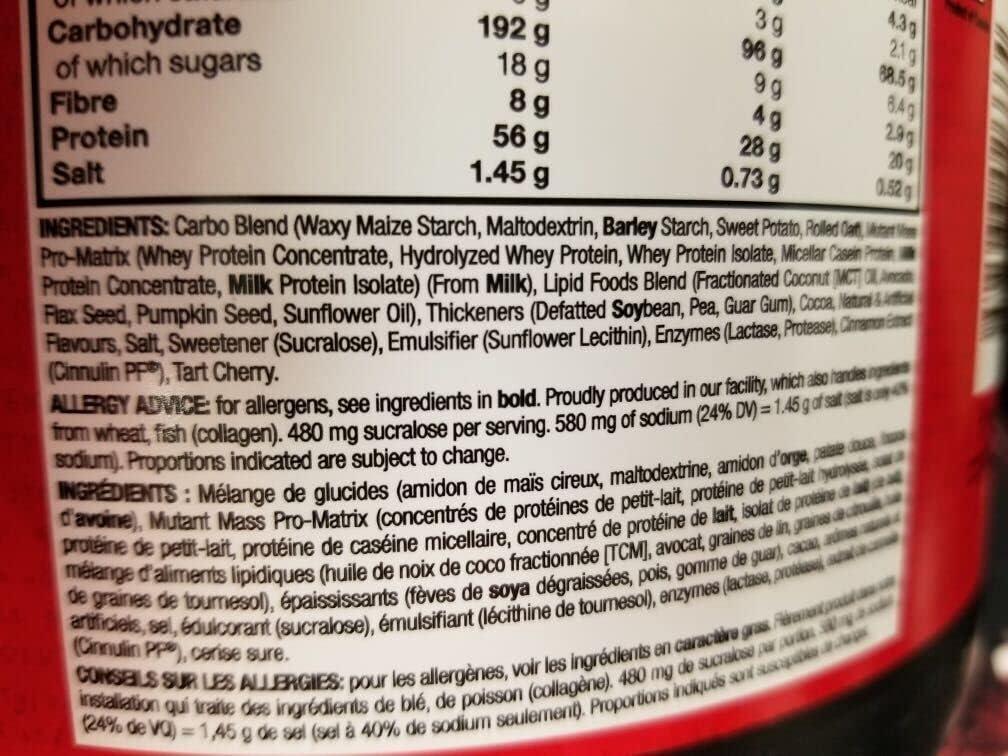 Mutant Mutant Mass Weight Gainer Protein Powder  Build Muscle Size and Strength with 1100 Calories  56 g Protein  26.1 g EAAs  12.2 g of BCAAs  15 lbs with 24 Servings  Cookies & Cream