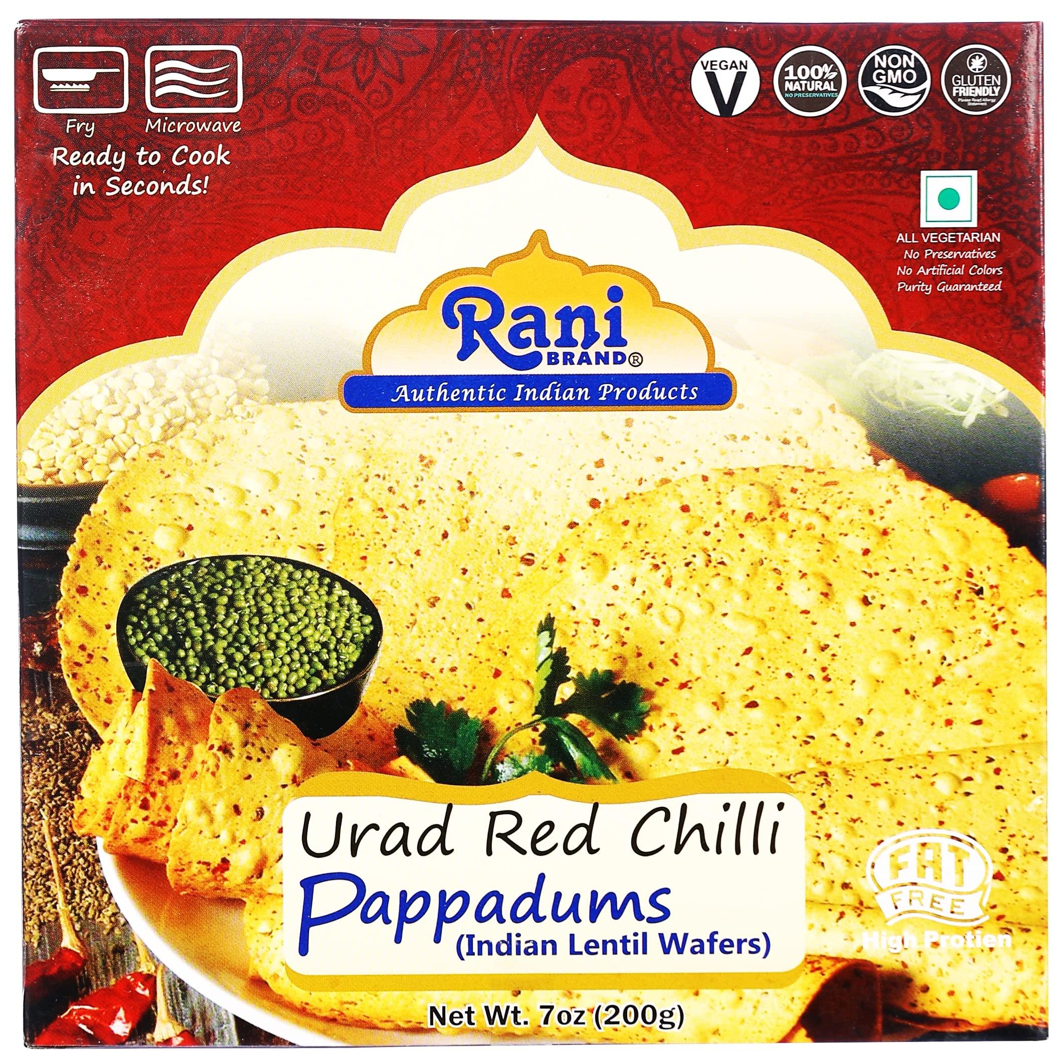 Rani Brand Authentic Indian Products Rani Pappadums (Indian Lentil Wafer Snack) Red Chilli Papad 7oz (200g) Approximately 15pc, 7 inches ~ All Natural | Gluten Friendly | NON-GMO | Vegan | Indian Origin