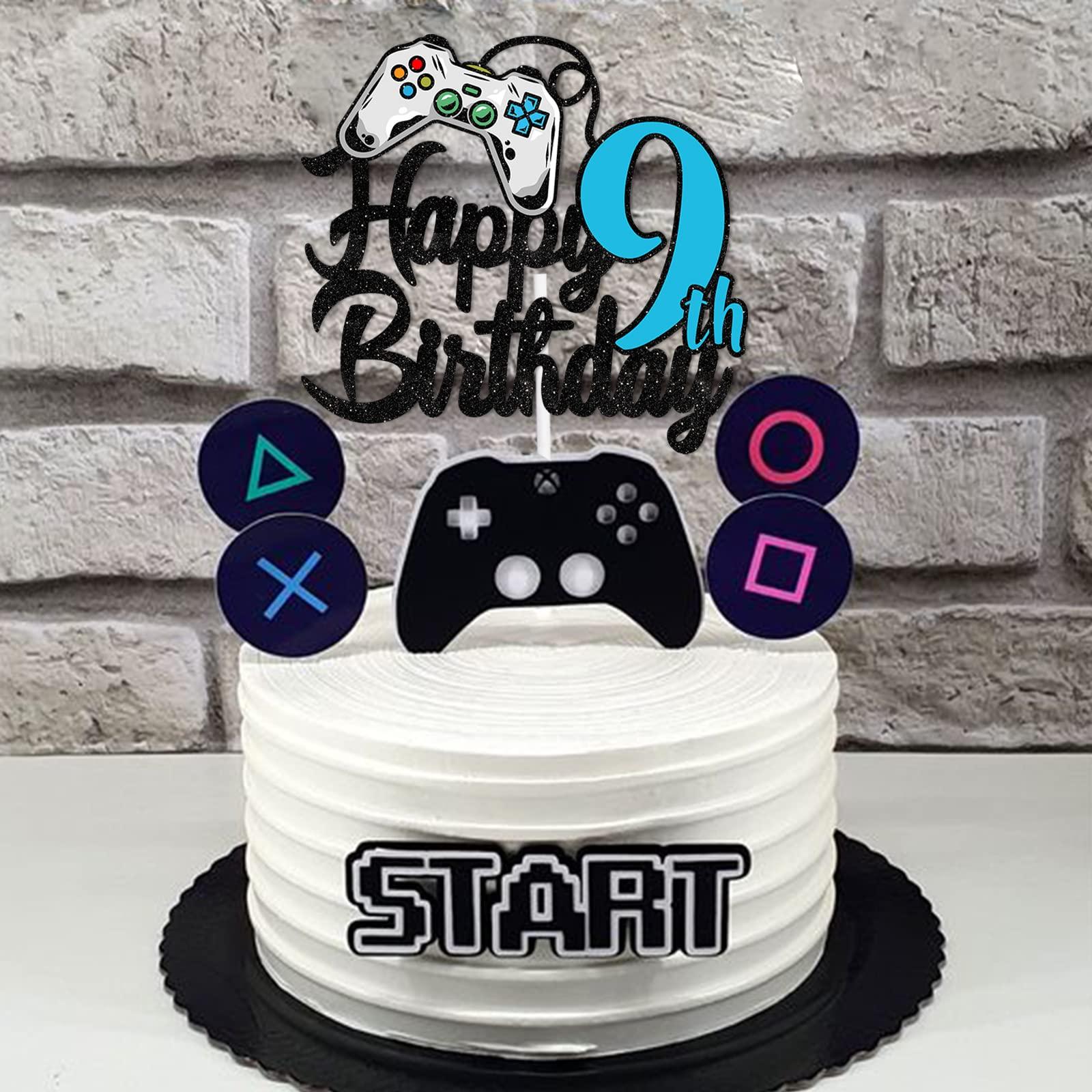 GZBJMYGS Happy 9th Birthday Cake Topper Party Video Games Decorations Black Blue Glitter - Cheers to 9 Years Level Up Theme Game On Winner Supplies for Boys or Girls