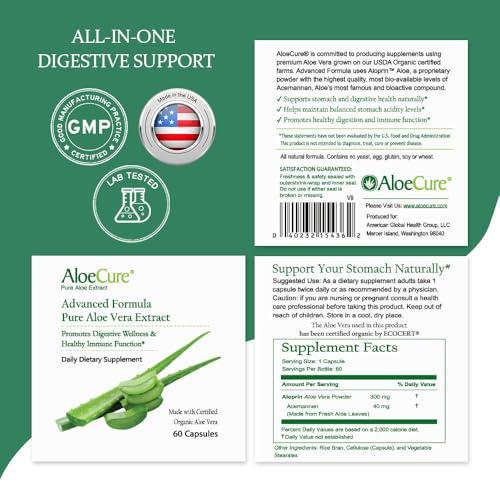 AloeCure AloeCure Organic Aloe Vera Capsules, 130,000mg Inner Aloe Leaf Equivelant per Serving, Support Gut Health & Digestive Comfort, Stomach Acid Buffer, Natural Immune Supplement, Aloin Free, 60 Capsules