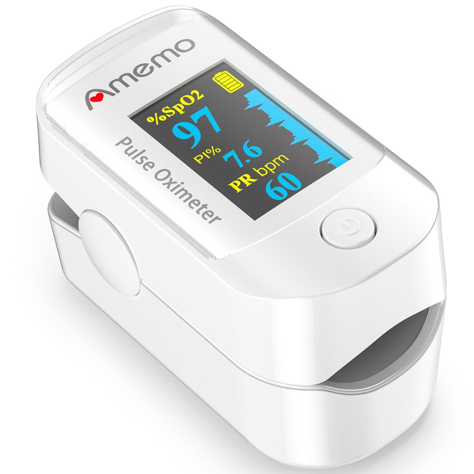 Amemo Pulse Oximeter, OLED Display Oxygen Monitor Fingertip, Blood Oxygen Saturation Monitor (SpO2) with Carrying Case, Batteries and Lanyard