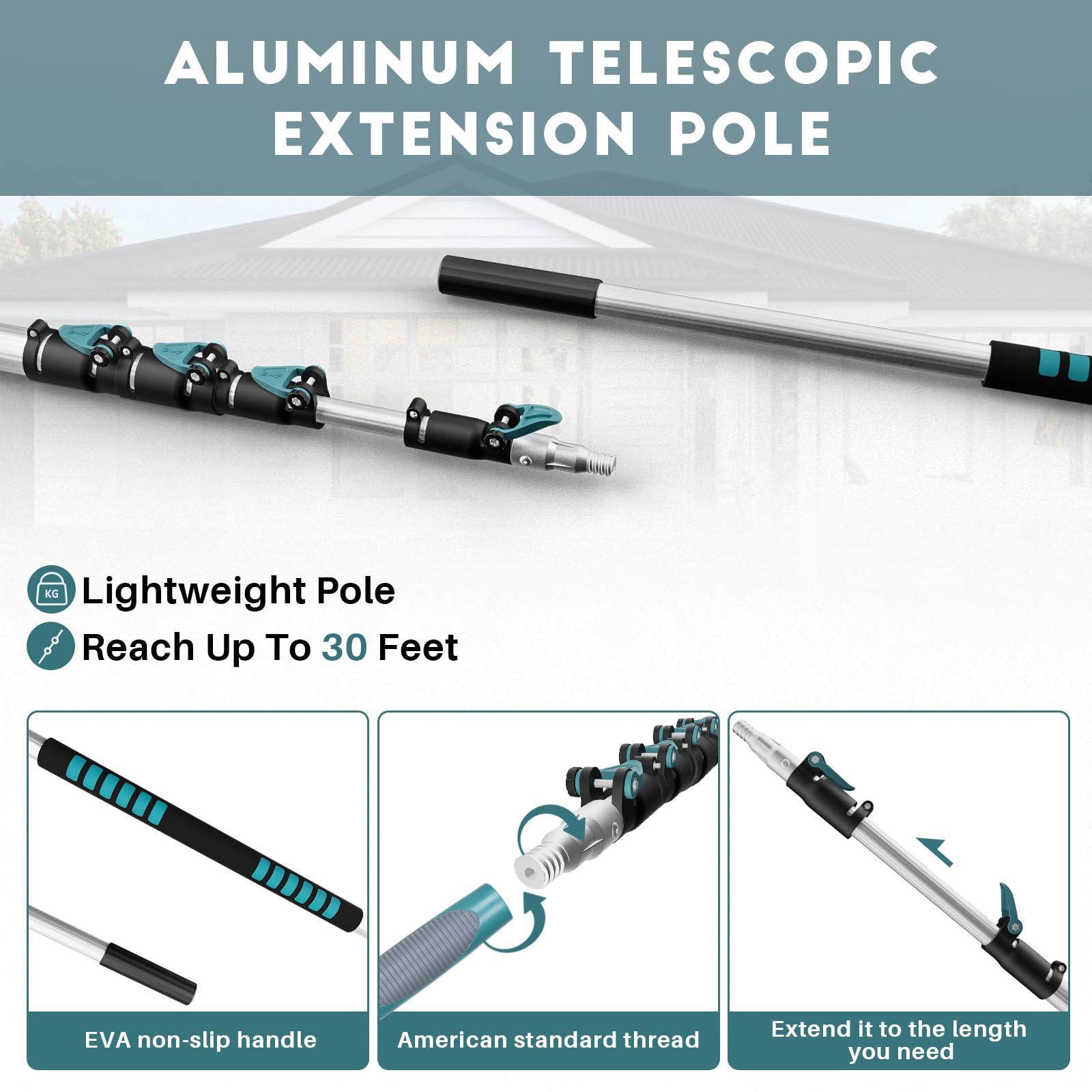 TelesPro TelesPro 36 Foot High Reach Duster Kit with 7-30FT Extension Pole High Ceiling Dusting and Window Cleaning Kit with Telescopic Pole Window Washer&Squeegee,Cobweb Duster,Fan Duster and Feather Duster