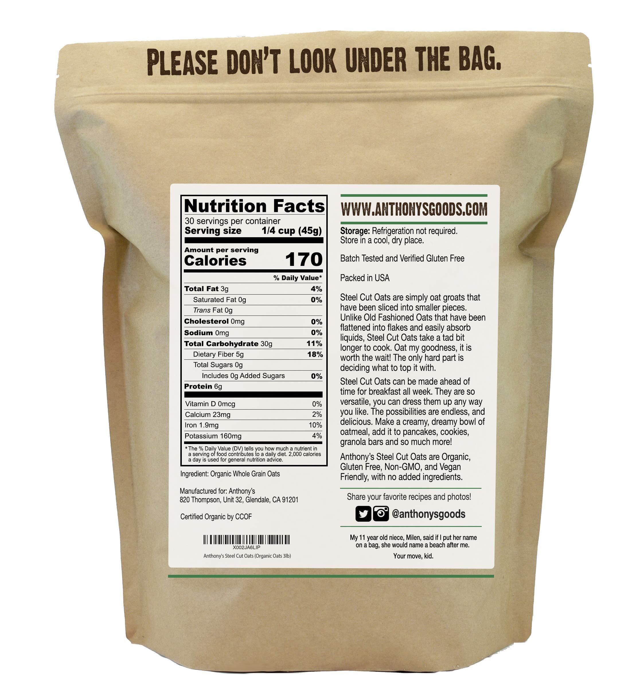 Anthony's Anthony's Organic Steel Cut Oats, 3 lb, Gluten Free, Non GMO, Irish Oatmeal, Whole Grain