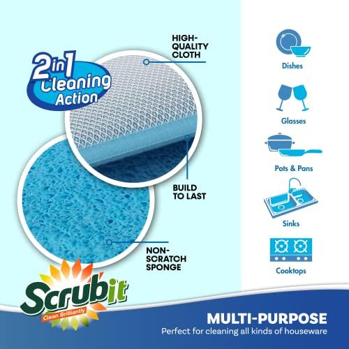 SCRUBIT Scrub and Wipe Cleaning Sponges [10 Pack] SCRUBIT Dual Sided Scouring Pad and Sponge - Reusable Kitchen Scrubbing Sponges for Dishes, Pots, Pans Utensils & Non-Stick Cookware (Blue)