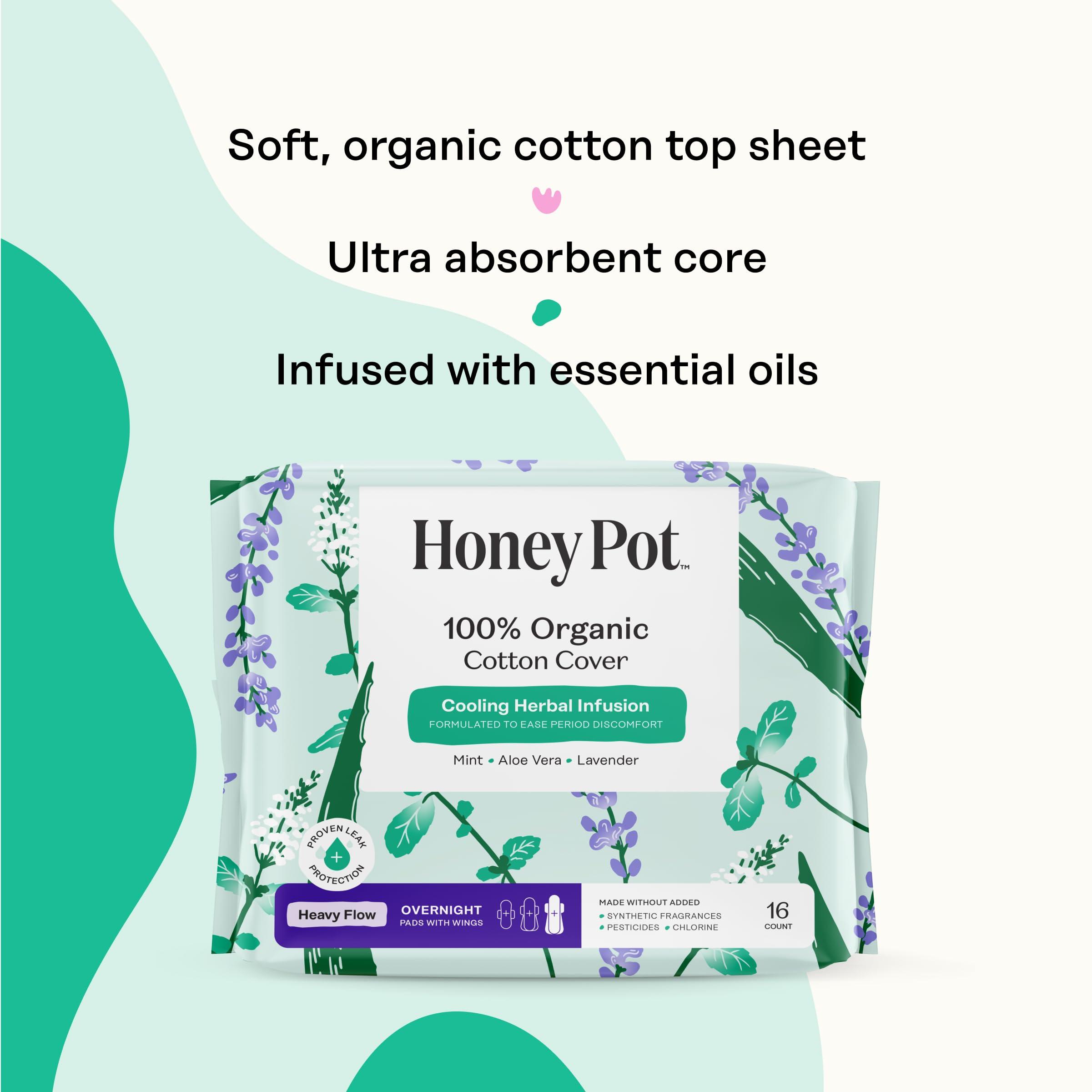 The Honey Pot Company The Honey Pot Company - 64ct - Herbal Sanitary Pads for Women - Heavy Flow Overnight w/Wings - Infused w/Essential Oils for Cooling Effect & Organic Cotton Cover - Feminine Care - FSA & HSA