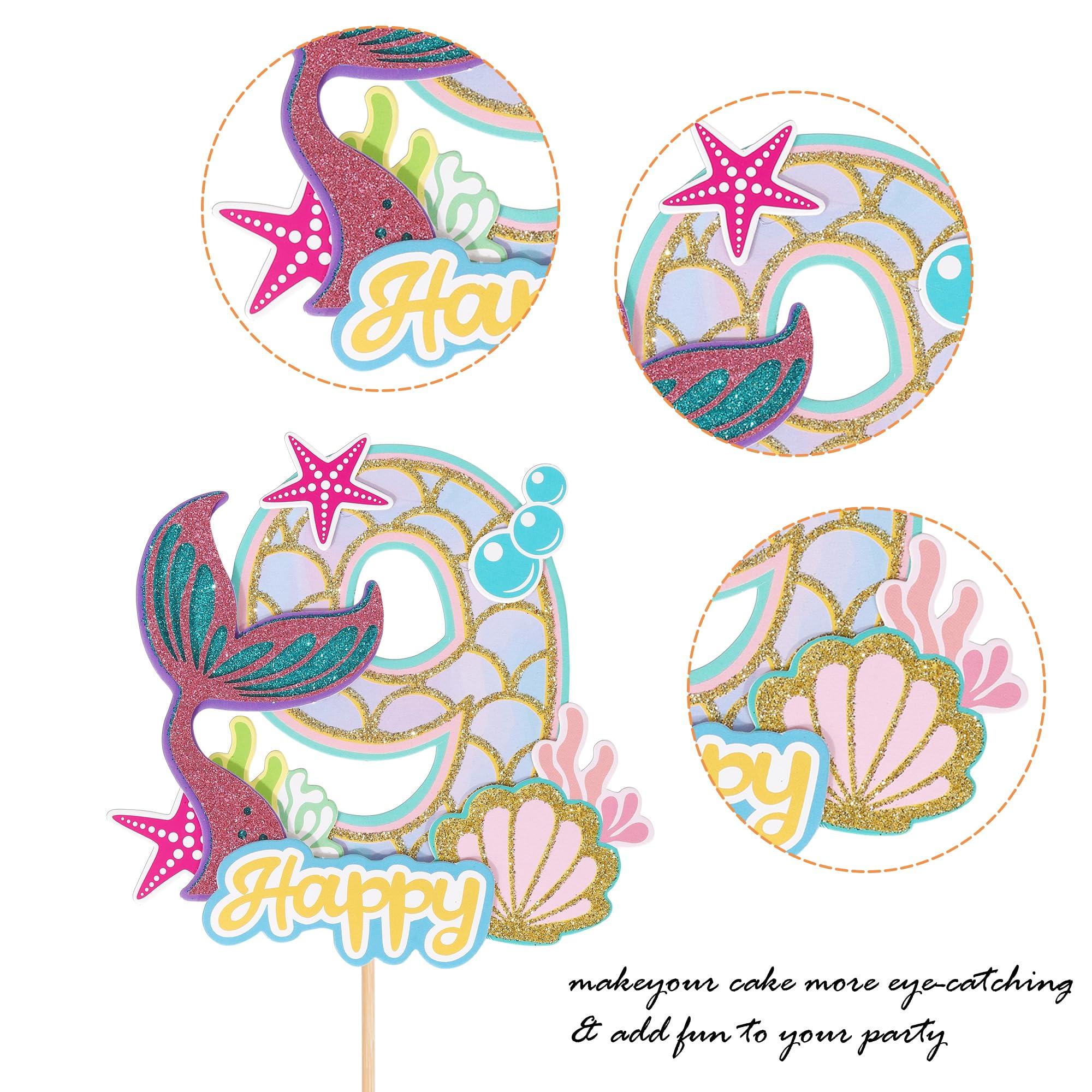 YCTHUNFISH 1 Pack Mermaid Cake Topper 9th Birthday Cake Pick Happy Birthday Ocean Sea Creature Mermaid Cake Decoration for Kids Nine Birthday Baby Shower Summer Party Supplies