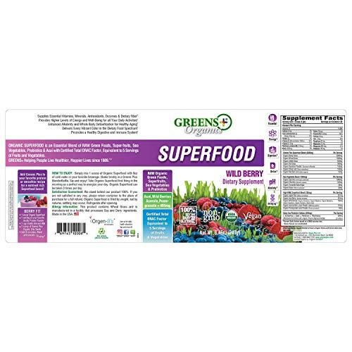 Greens+ Greens+ Organic Wild Berry Superfood Powder, Antioxidant Polyphenol, Blend for Morning Kick, Energy, Vitality Boost, Nutrition, Vibrant Health, Dietary Supplement, Vegan Soy/Dairy/Gluten Free(8.46oz)