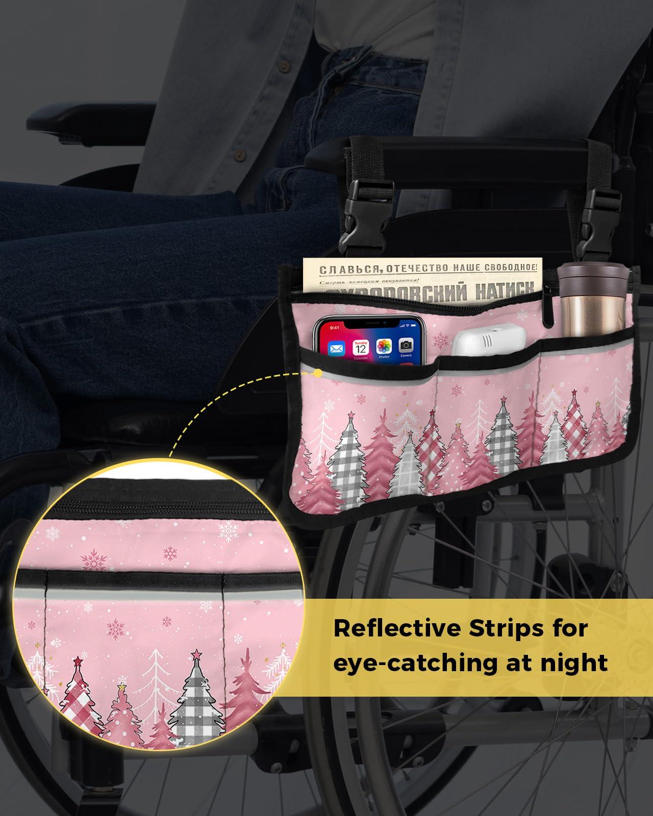 Sabolny Blush Pink,Wheelchair Side Bag, Wheelchair Walker Armrest Bags with Cup Holder & Reflective Stripes, Mobility Scooter Walker Rollator Wheelchair Accessories Christmas Pine Tree Lattice Dots