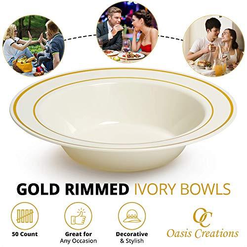 Oasis Creations Gold Rimmed Ivory Bowls - 12 ounce - 50 Count - Hard Plastic - Disposable or Reusable - Dessert Bowls - Salad Bowls- Cereal Bowls - Pasta Bowls - Ideal for Weddings, Parties, Gatherings, Events &More!