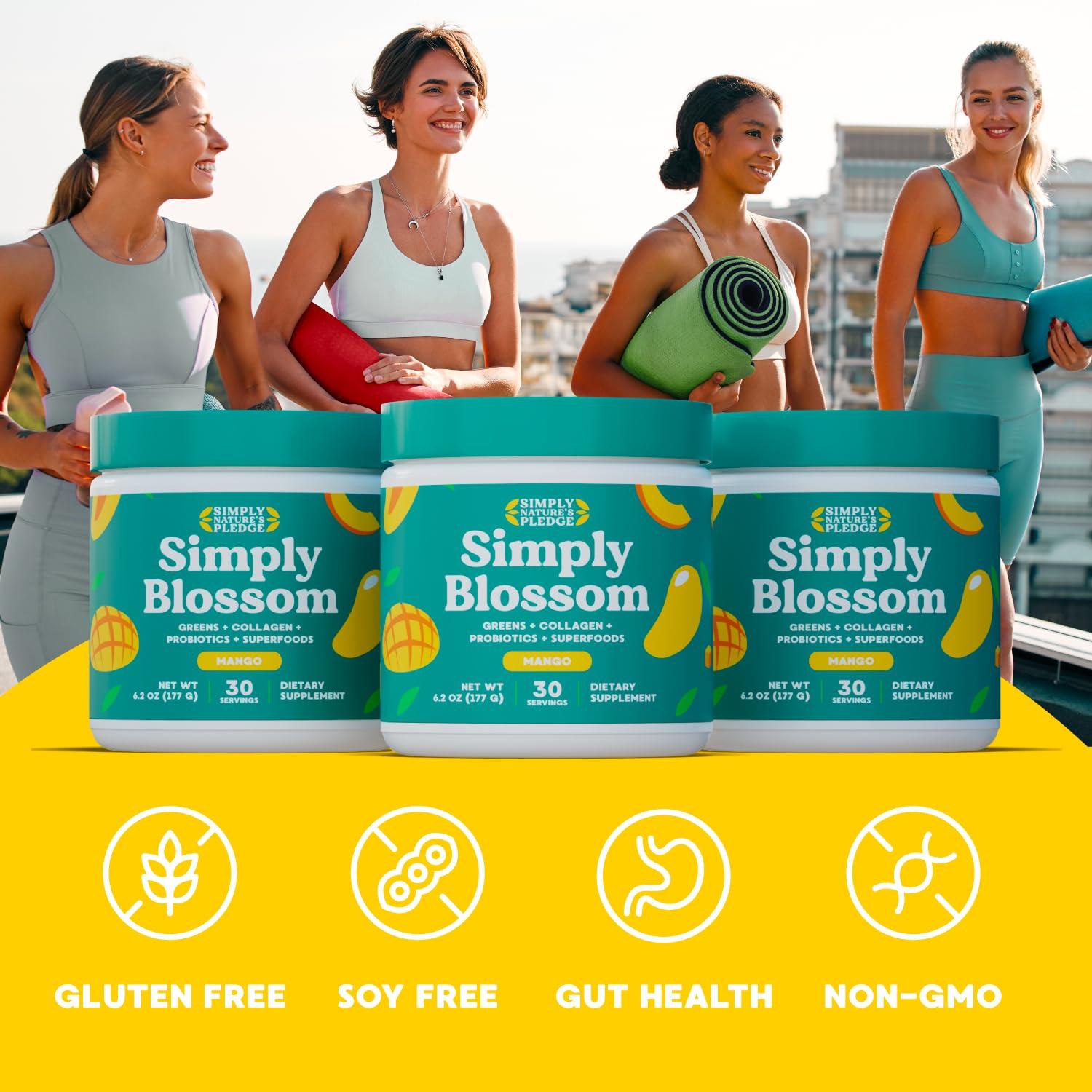 Simply Nature's Promise Simply Blossom Nutrition Daily Greens & Superfood Powder + Collagen + Probiotics for Women's Digestive Health & Bloating Relief. Help Your Health Bloom - 30 Day Supply - Mango