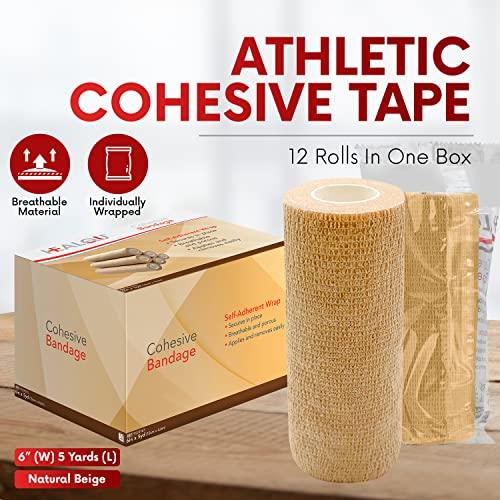 Healqu HEALQU Self Adhesive Bandage Wrap – Cohesive Tape for Athletic & Sports - 6” x 5 Yards Self Adherent Medical Tape, Flexible, Waterproof Elastic Bandages for Wrist & Ankle Vet Wrap for Dogs (12 Rolls)