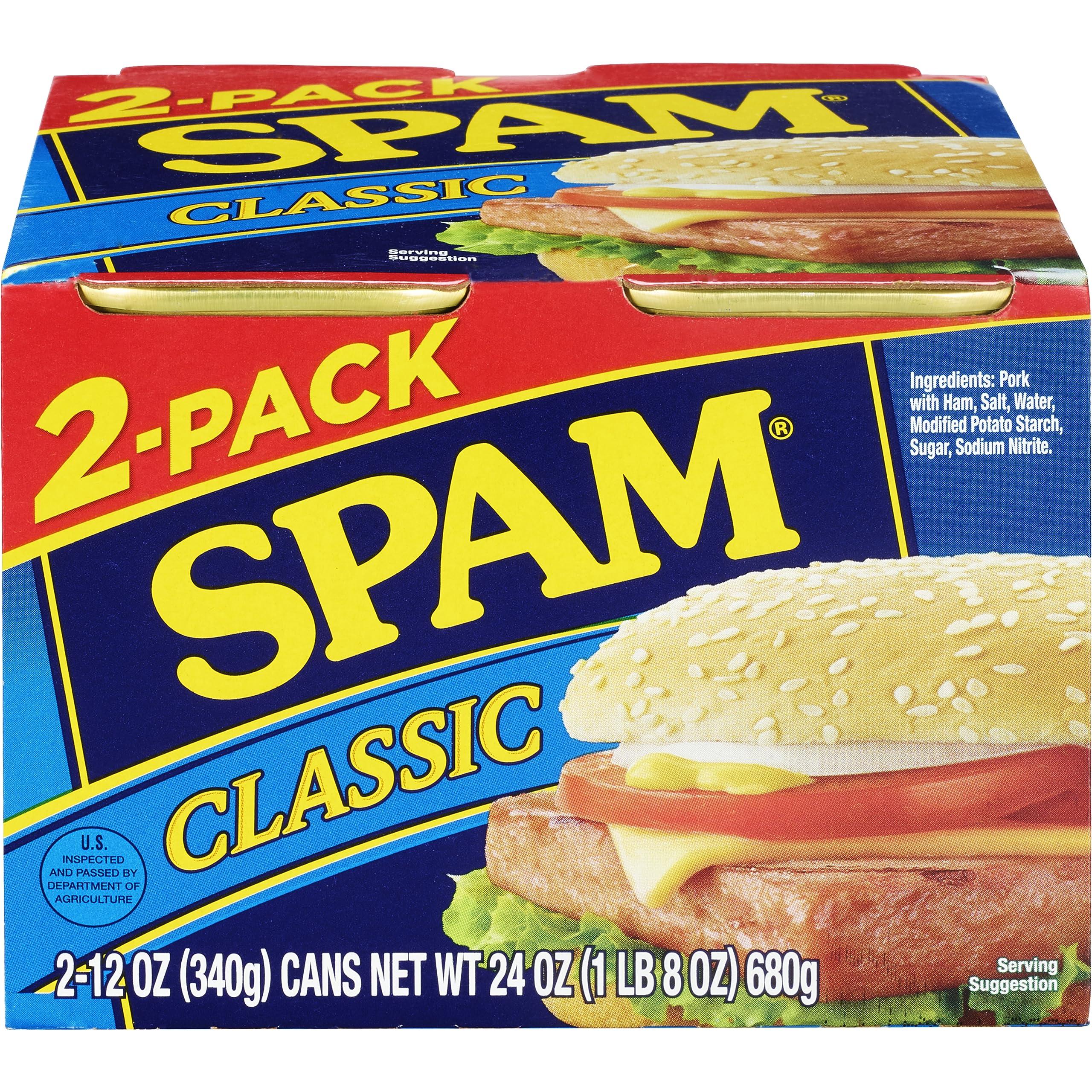 SPAM SPAM Classic Canned Meat, 12 Ounce (2 Pack), Fully Cooked Pork & Ham, 7g Protein Per Serving, 0g Trans Fat, Low Carb, Keto-Friendly, Gluten Free, Easy Open Can, Perfect for Sandwiches & Breakfast