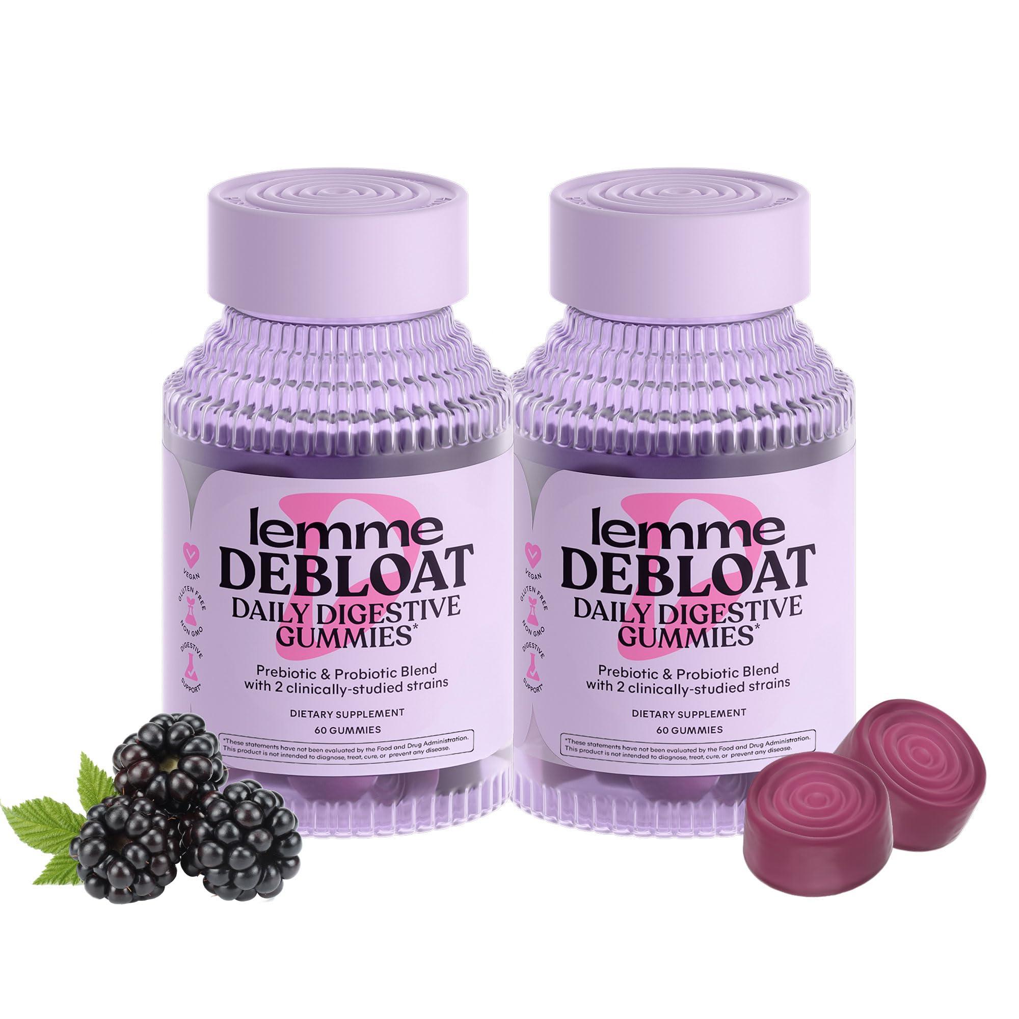 Lemme Lemme Debloat - Digestive & Gut Health Gummies with 2 Clinically Studied Probiotics & Prebiotic, 3 Billion CFUs - Vegan, Gluten Free, Non GMO, BlackBerry Flavor (60 Count) (Pack of 2)