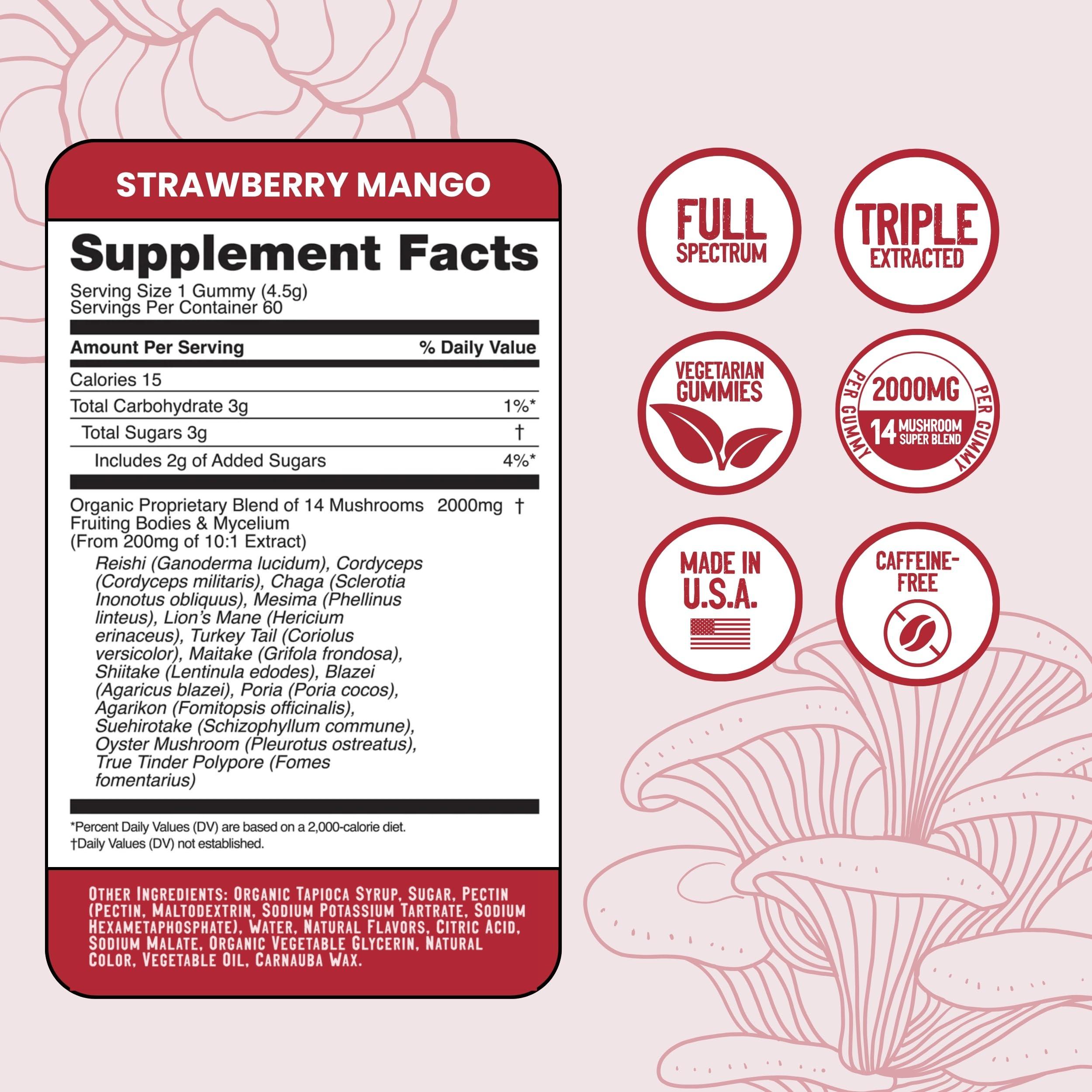 Troomy Nootropics Troomy Daily 14 Mushroom Blend Gummies - Great Tasting Natural Mango Strawberry Flavor, Gelatin-Free, Gluten-Free, Vegetarian - 60 Count