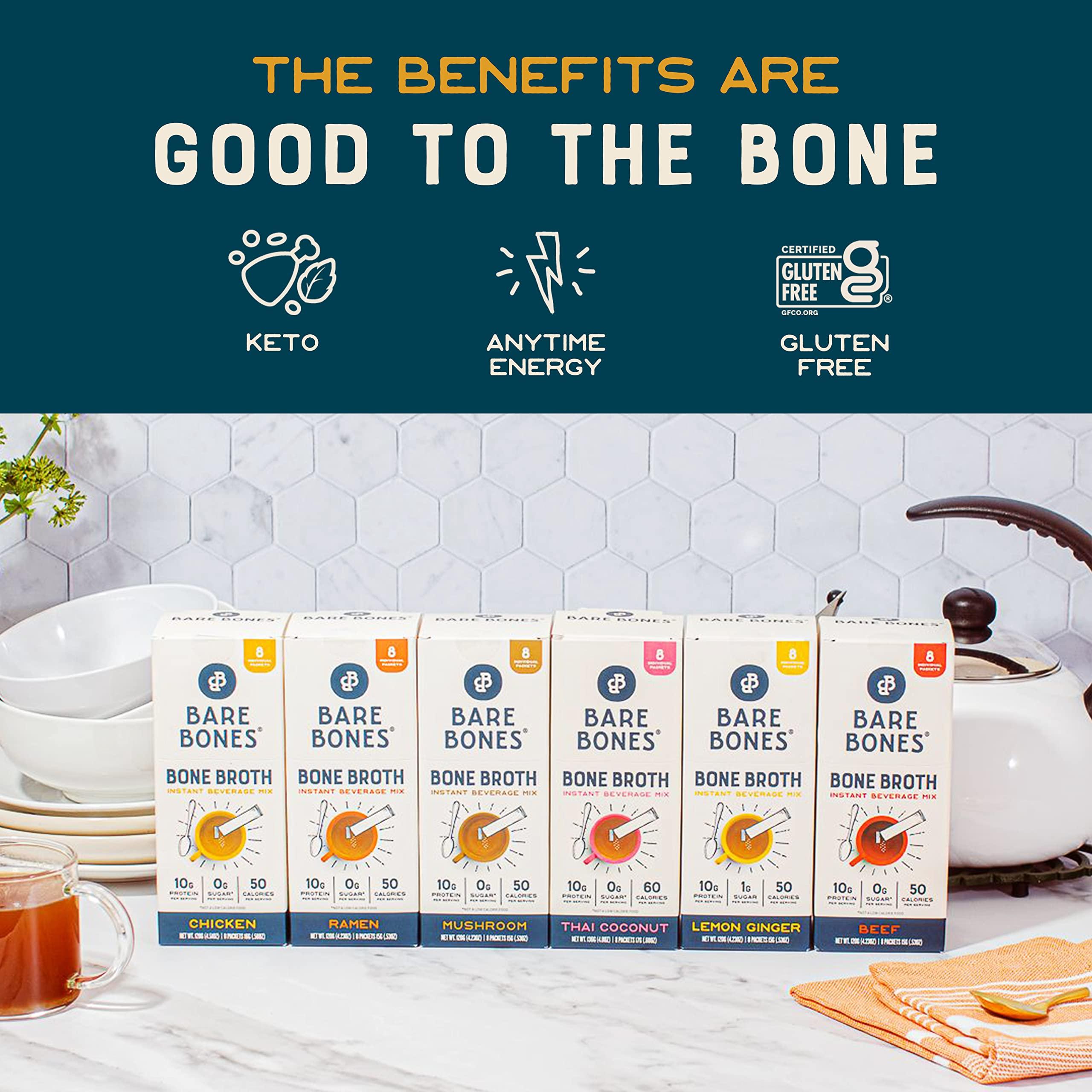 Bare Bones Bare Bones Bone Broth Instant Powdered Mix, Lemon Ginger, Pack of 8, 15g Sticks, 10g Protein, Keto & Paleo Friendly Bone Broth Packets